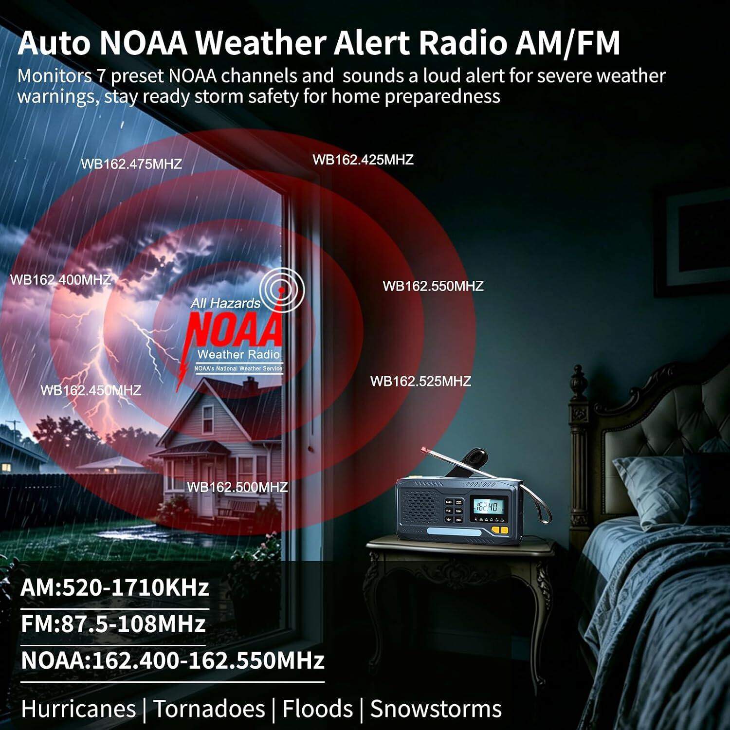 Emergency Weather Radio NOAA Alert Hand Crank Solar 2000mAh Phone Charger view 3