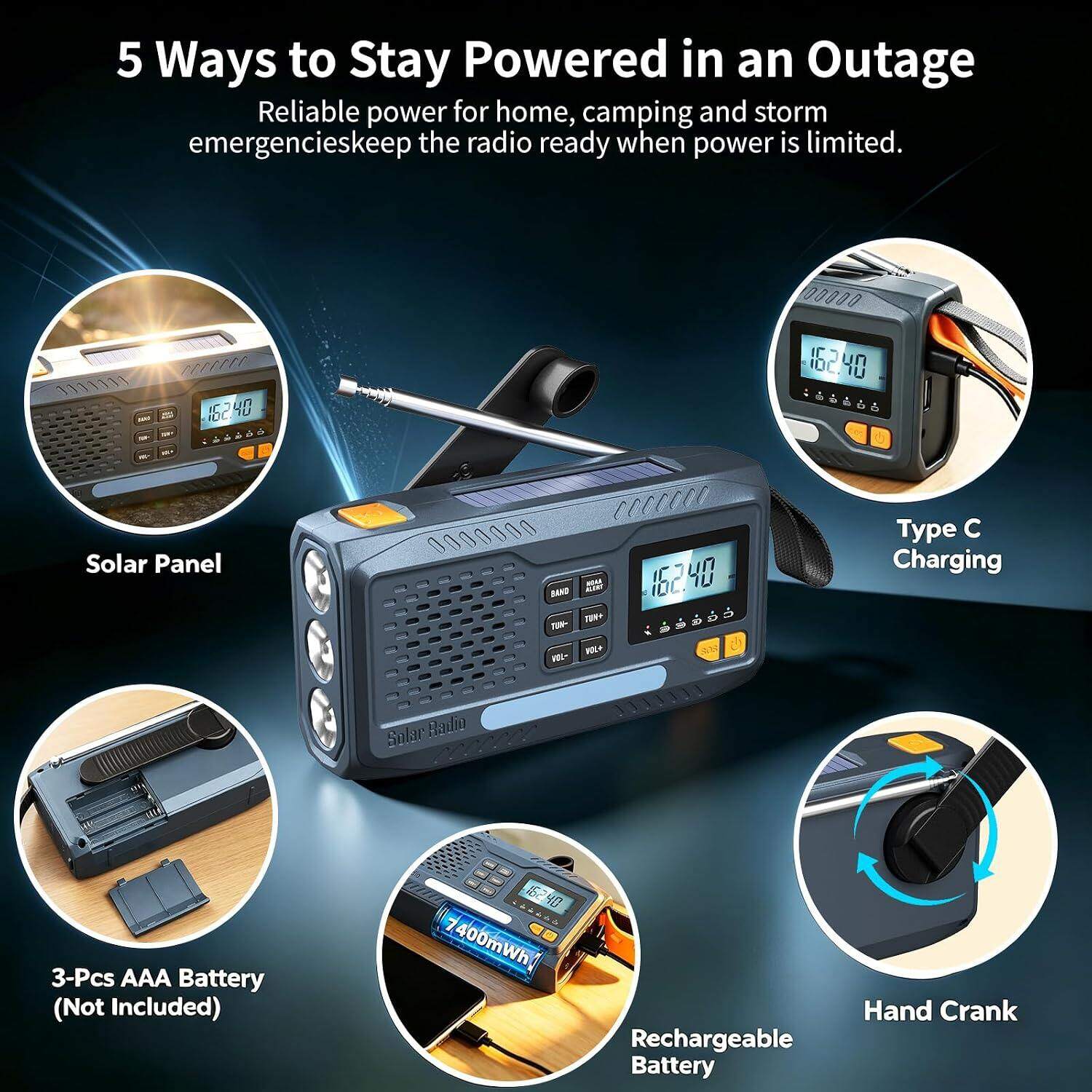 Emergency Weather Radio NOAA Alert Hand Crank Solar 2000mAh Phone Charger view 4