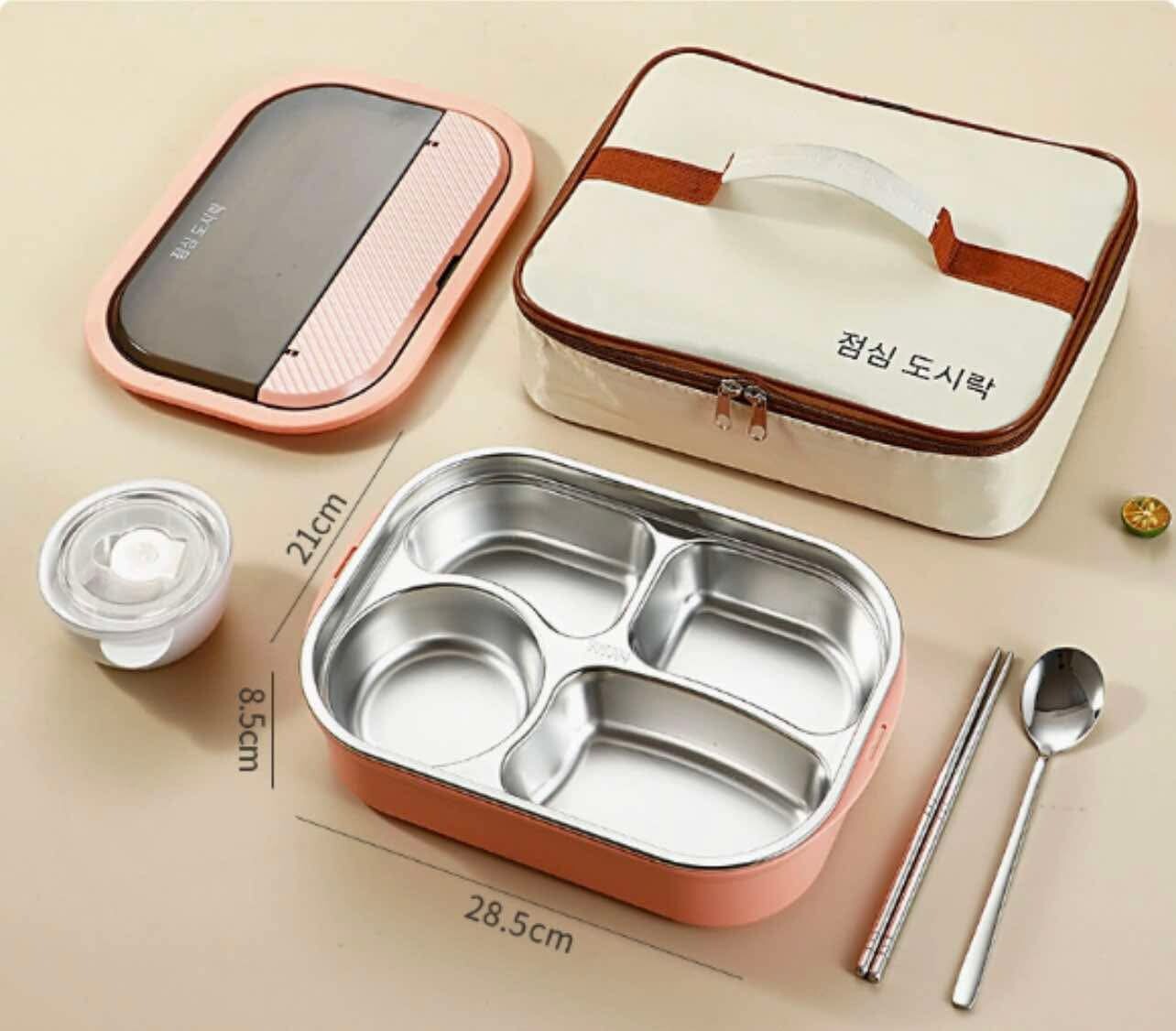 304 Stainless Steel 4-Compartment Lunch Box (Includes Insulated Bag, Cutlery, and Soup Bowl)
