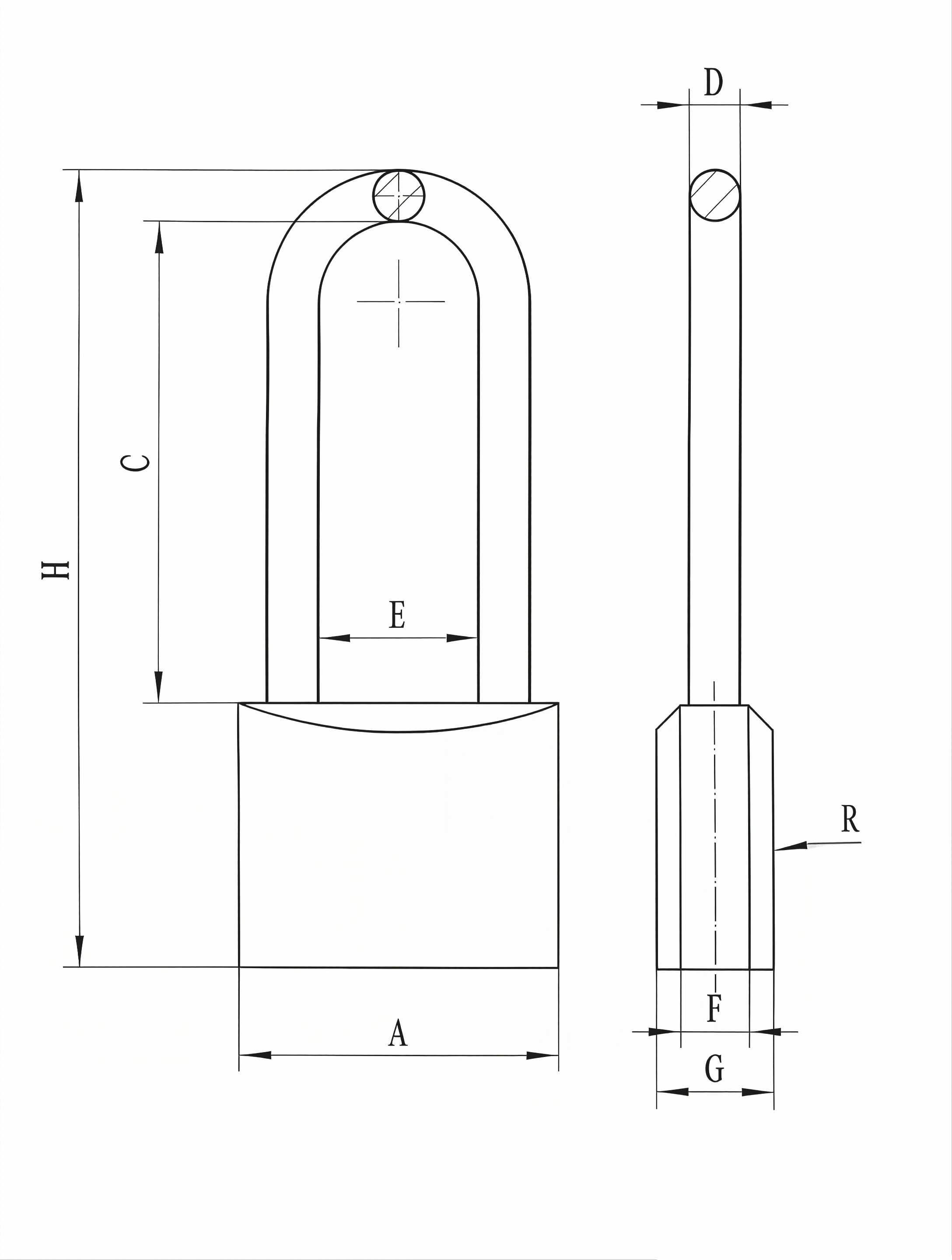 Heavy-duty brass padlock with long shackle technical dimension diagram