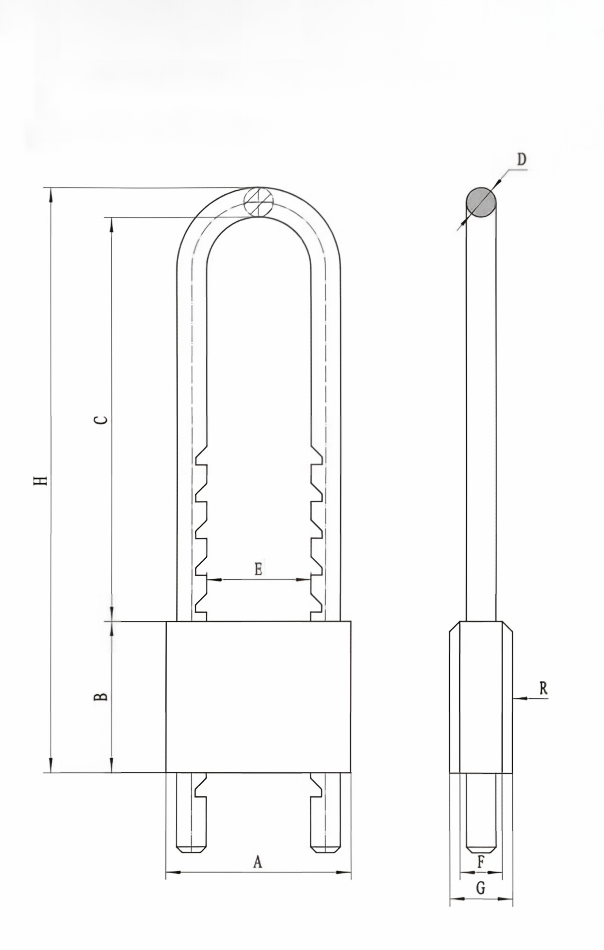 Heavy-duty aluminum padlocks with detachable shackle technical dimension diagram