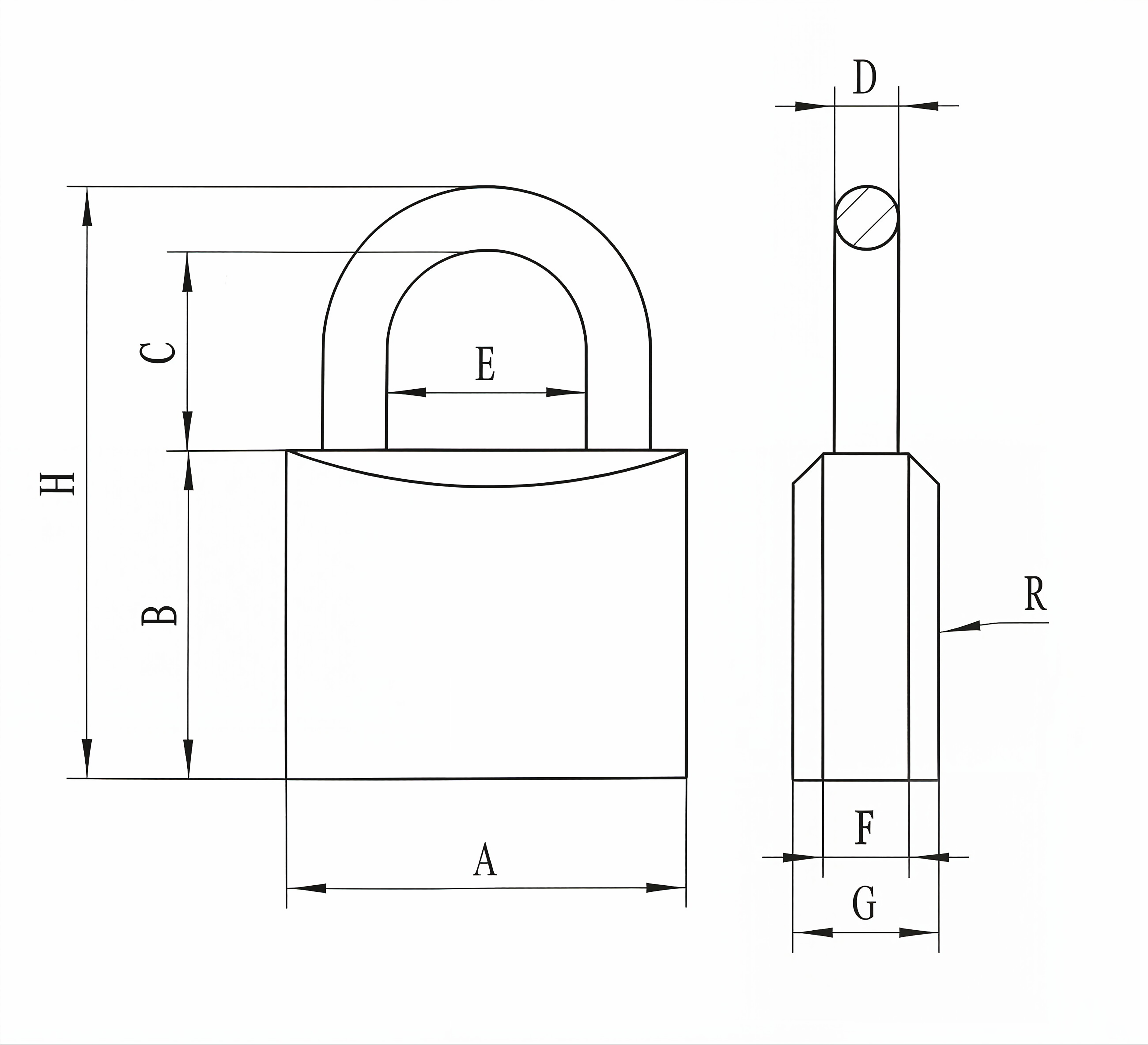 Stainless-steel padlock technical dimension diagram
