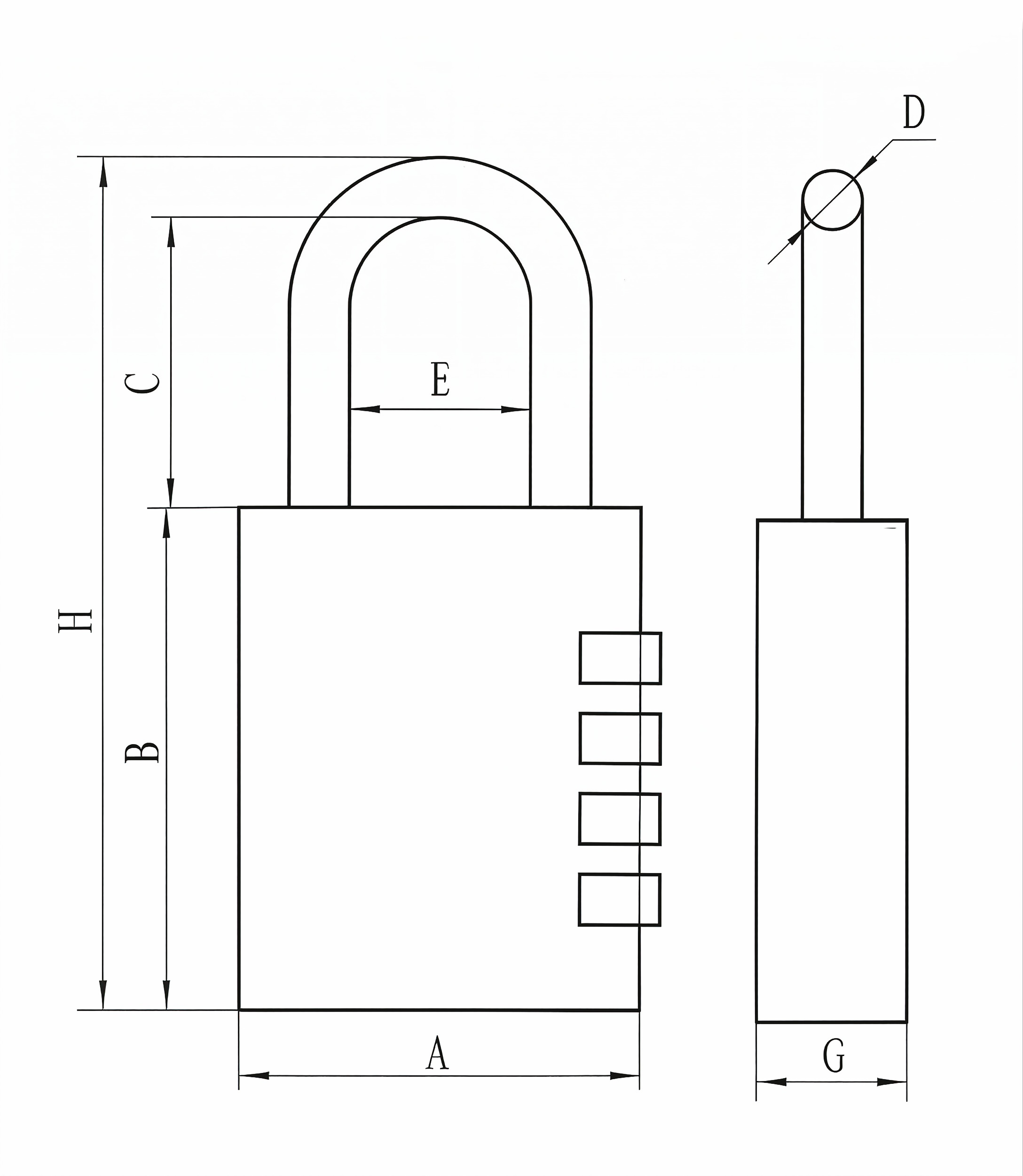 Combination aluminum padlock technical dimension diagram