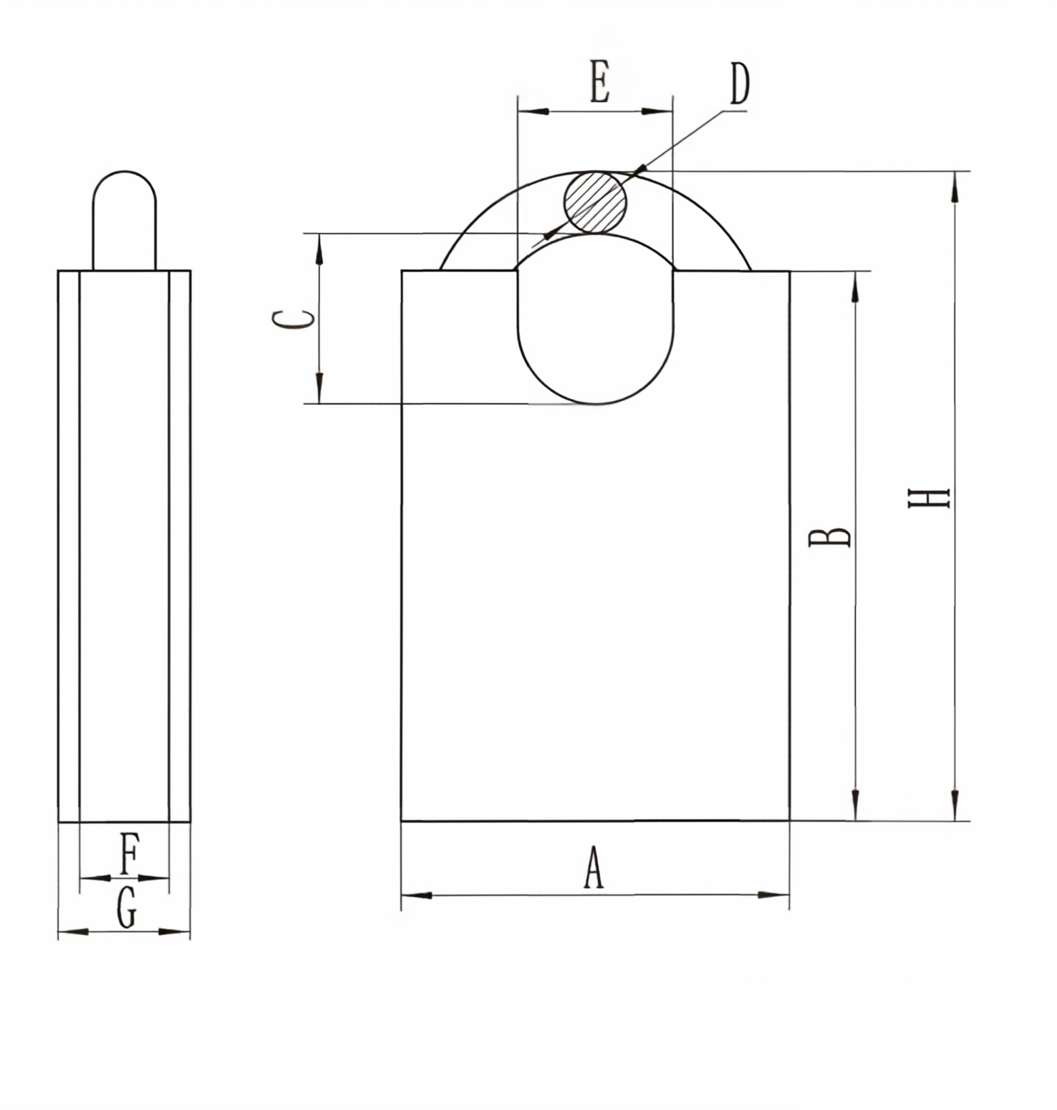 Entire shackle-protected aluminum padlock technical dimension diagram