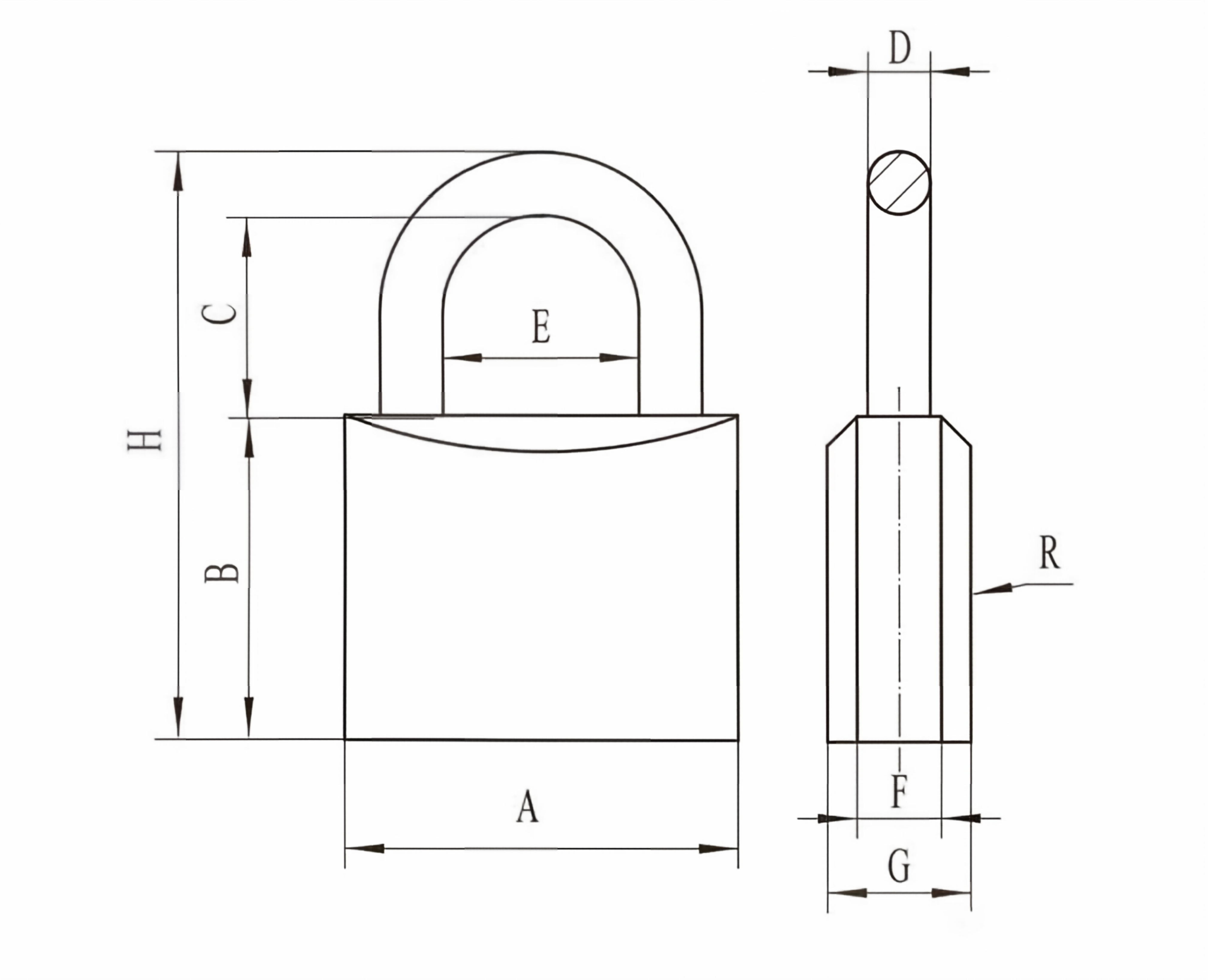 Heavy-duty anodized aluminum padlock technical dimension diagram