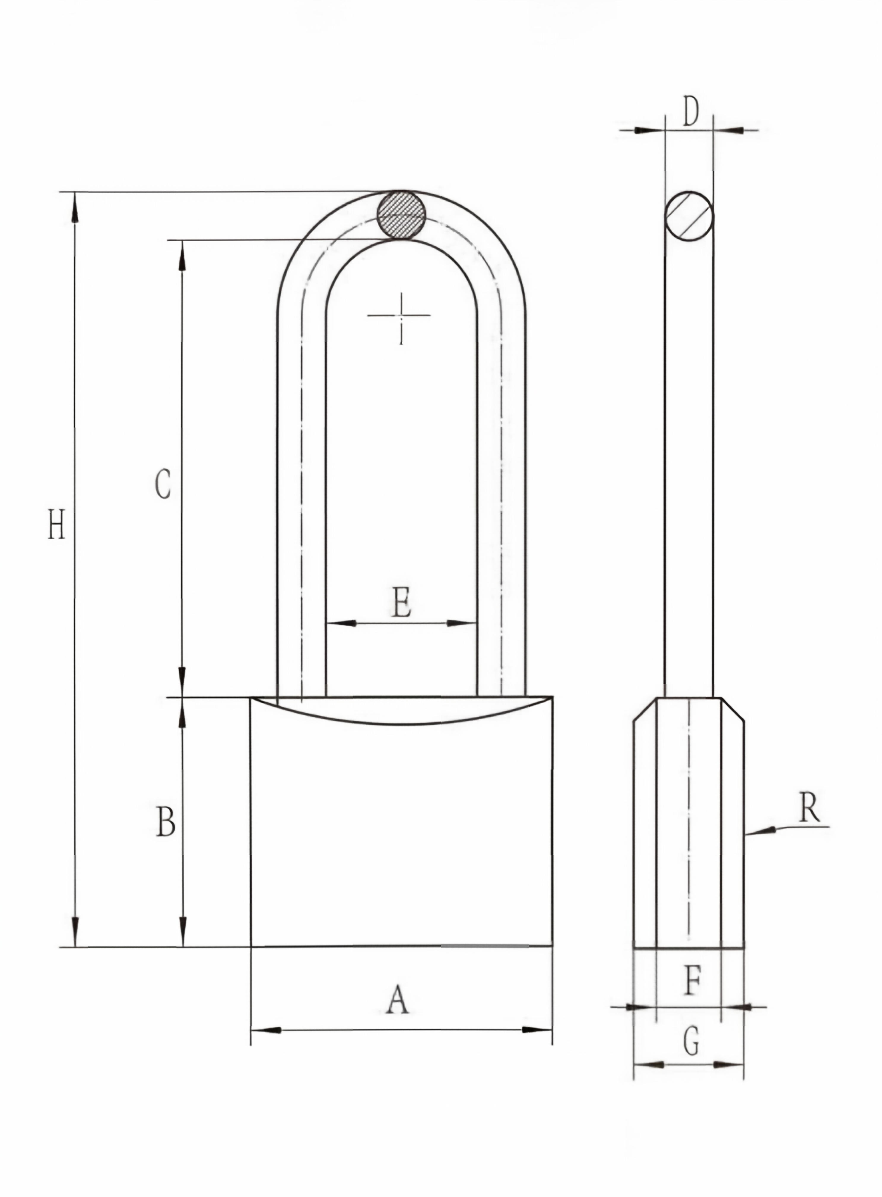 Medium-size brass padlock with long shackle technical dimension diagram