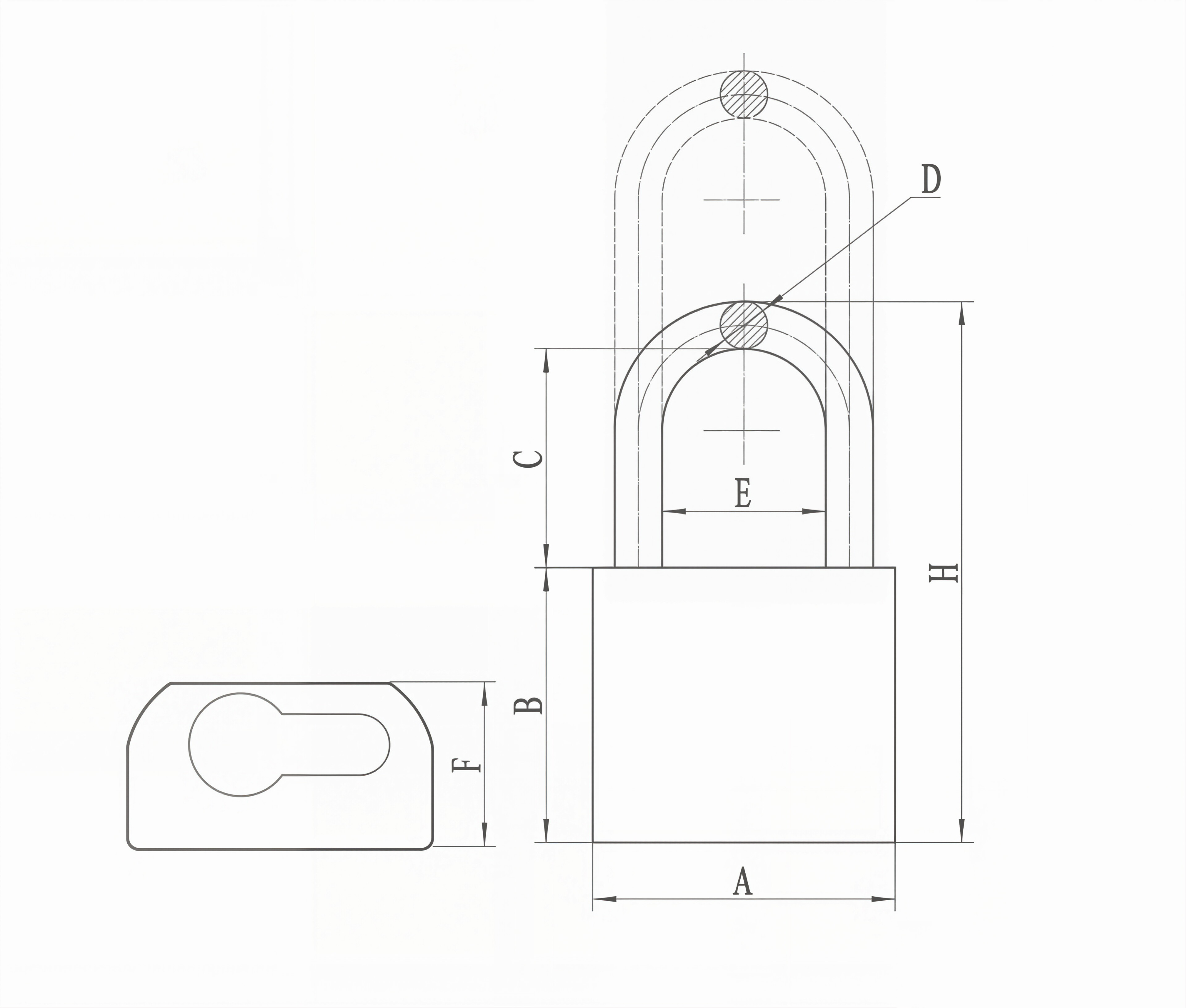 Special brass padlocks technical dimension diagram