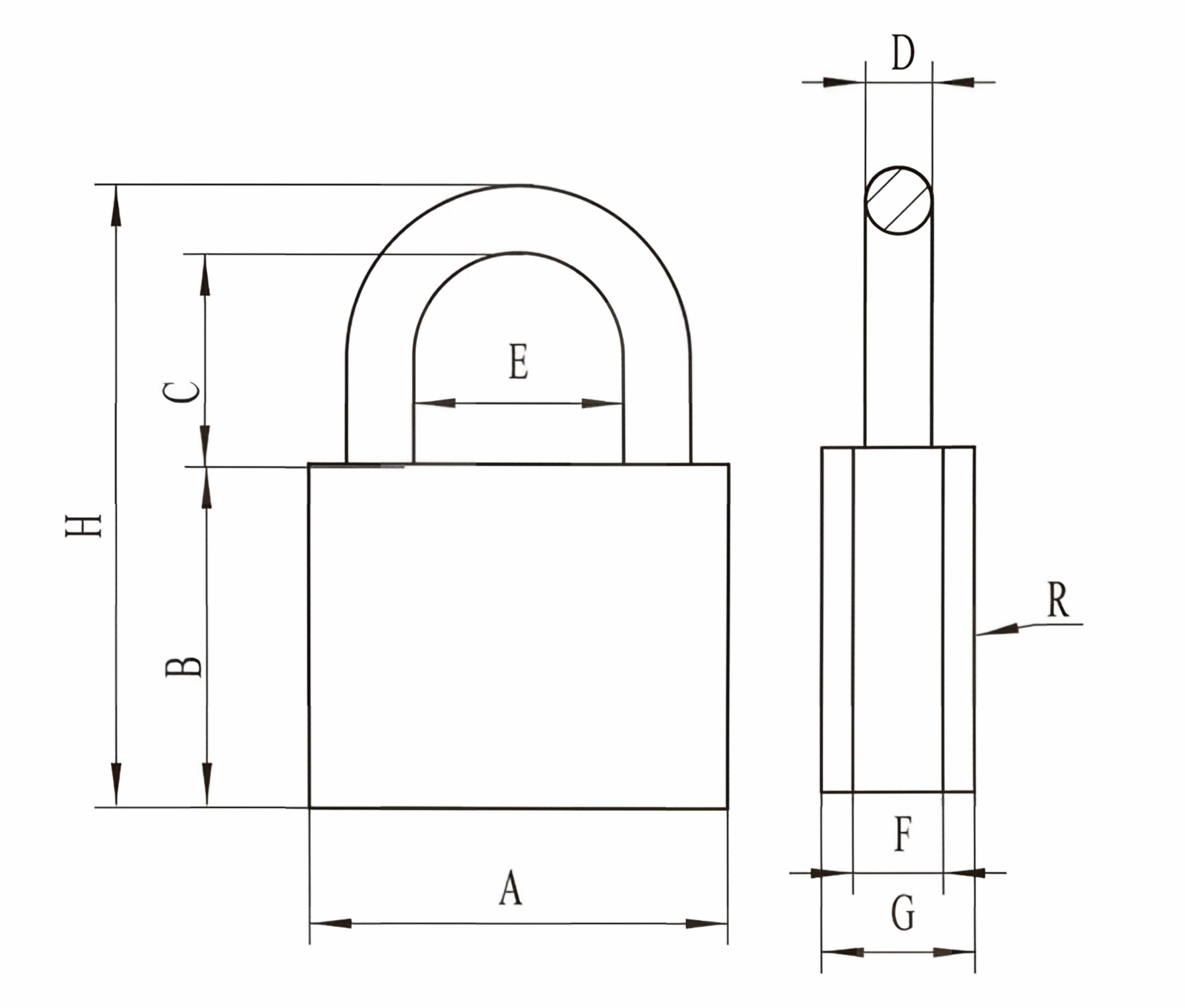 Waist-shape brass padlock technical dimension diagram