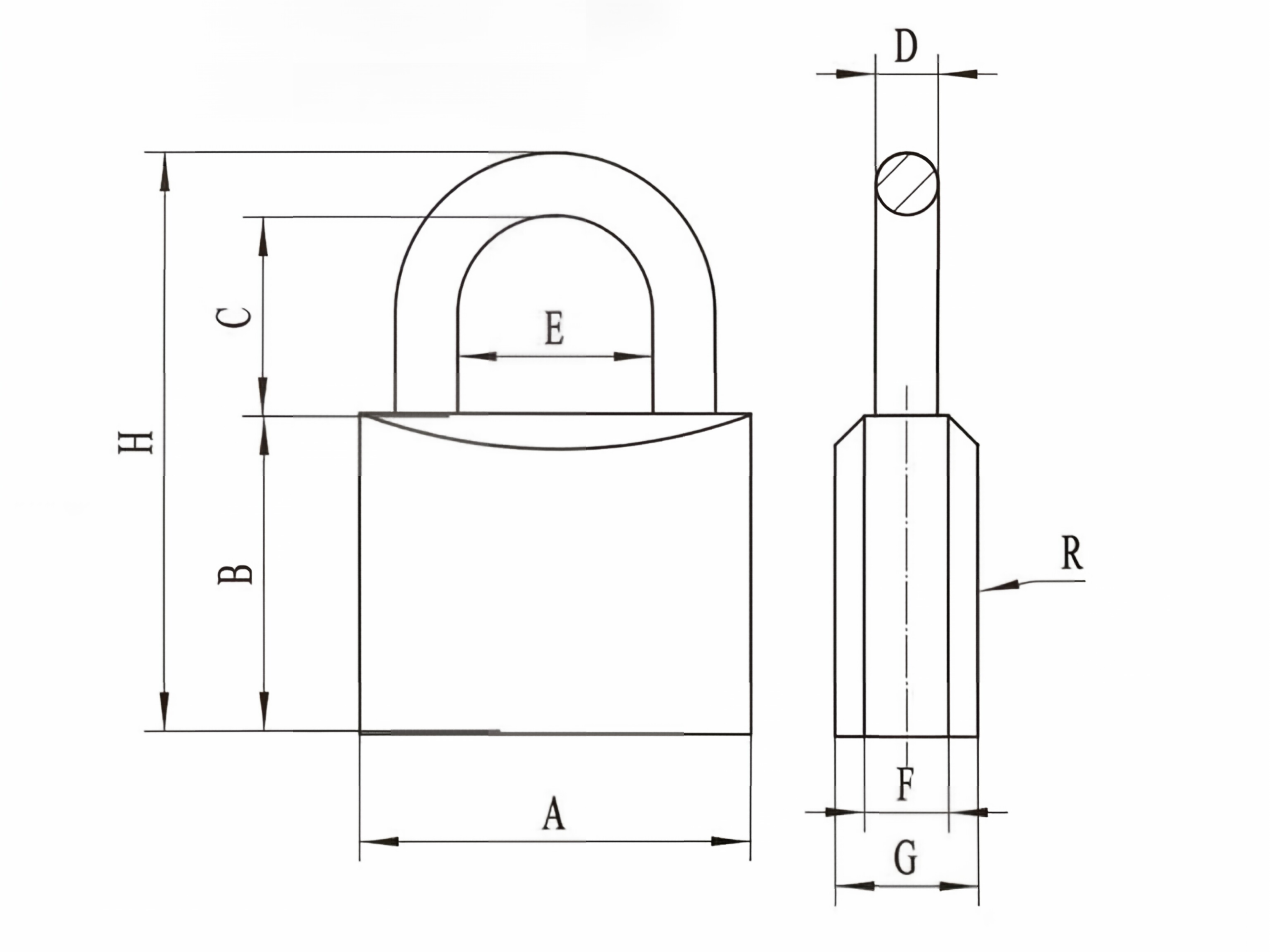 Heavy-duty brass padlock technical dimension diagram