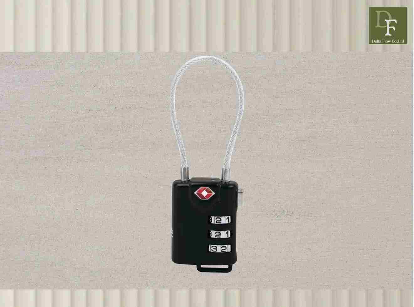 TSA zinc-alloy combination padlock product photo showing black body with cable shackle and 3-digit combination dials