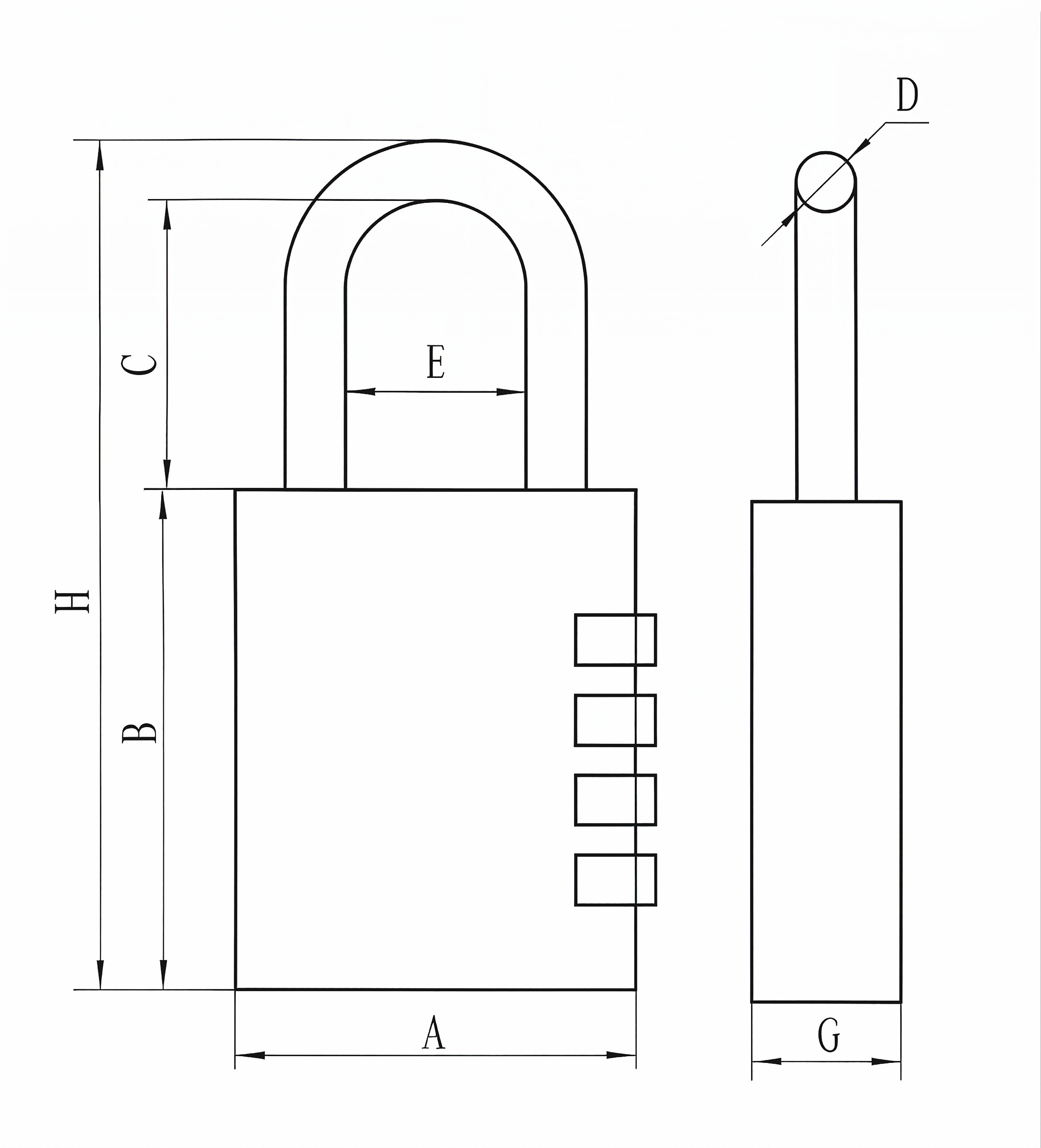 Combination brass padlock square-shape technical dimension diagram
