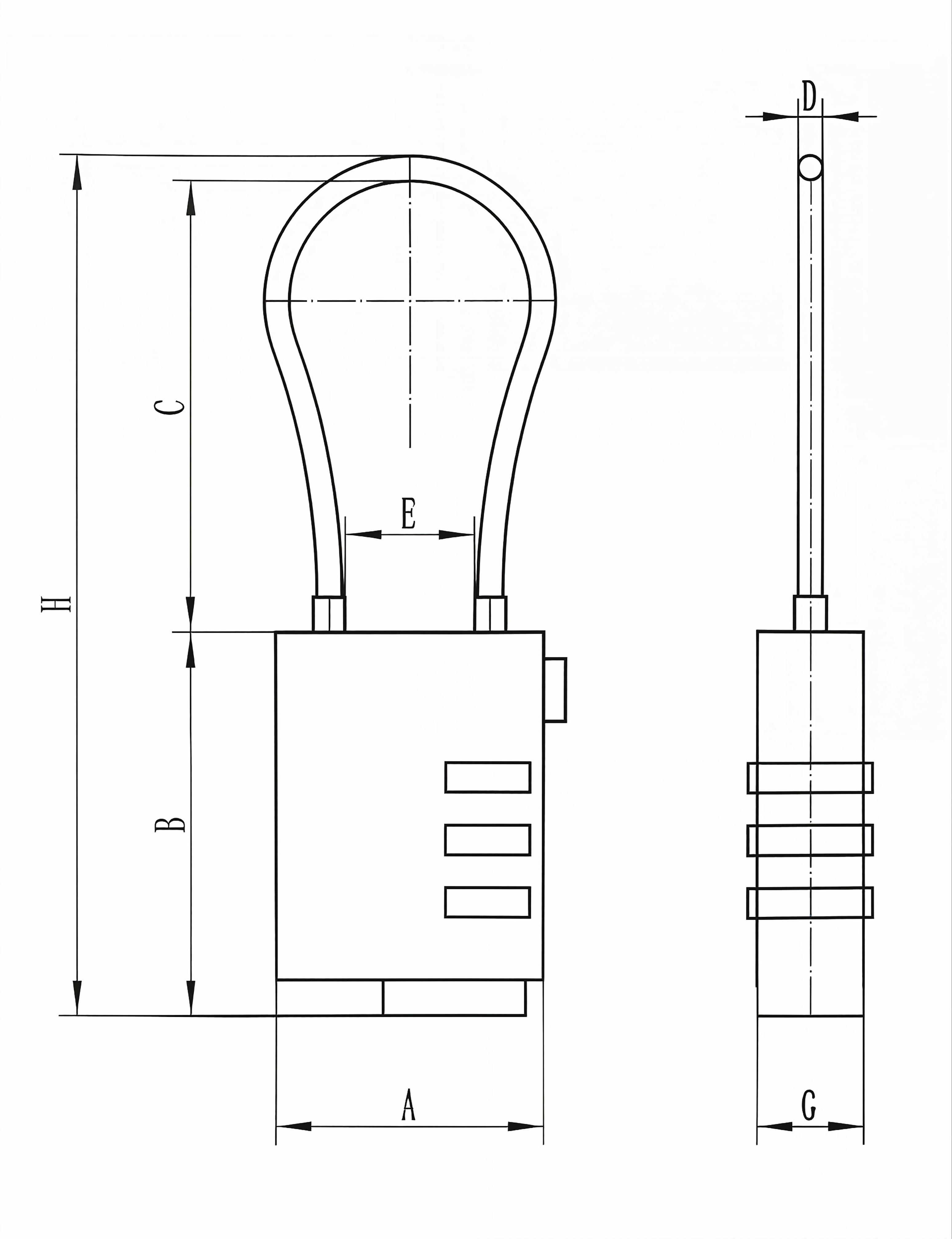 TSA zinc-alloy combination padlock technical dimension diagram with side view and front view measurements