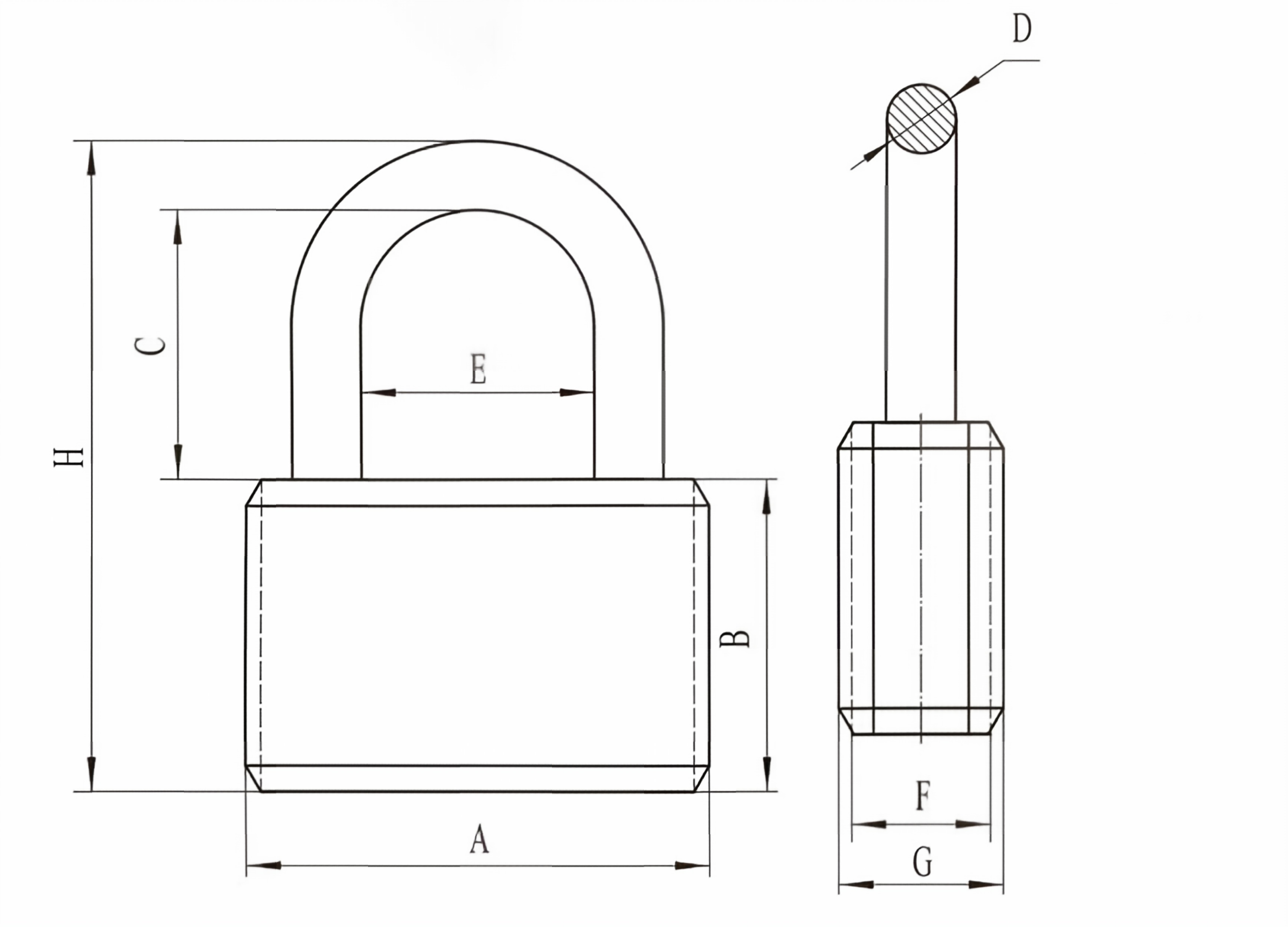 Medium-size aluminum padlock with plastic jacket technical dimension diagram