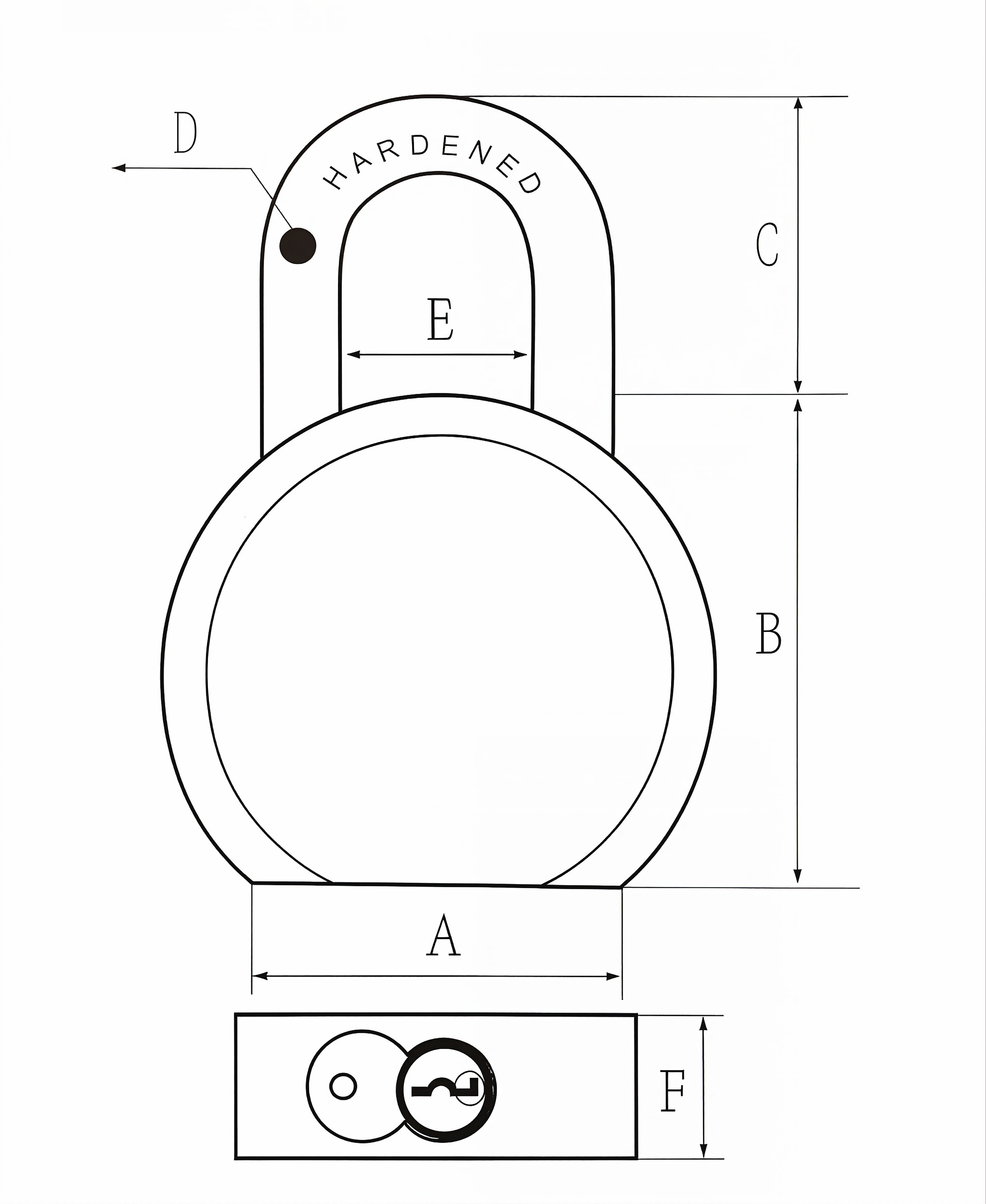 Round steel padlock technical dimension diagram with front view and bottom key view measurements