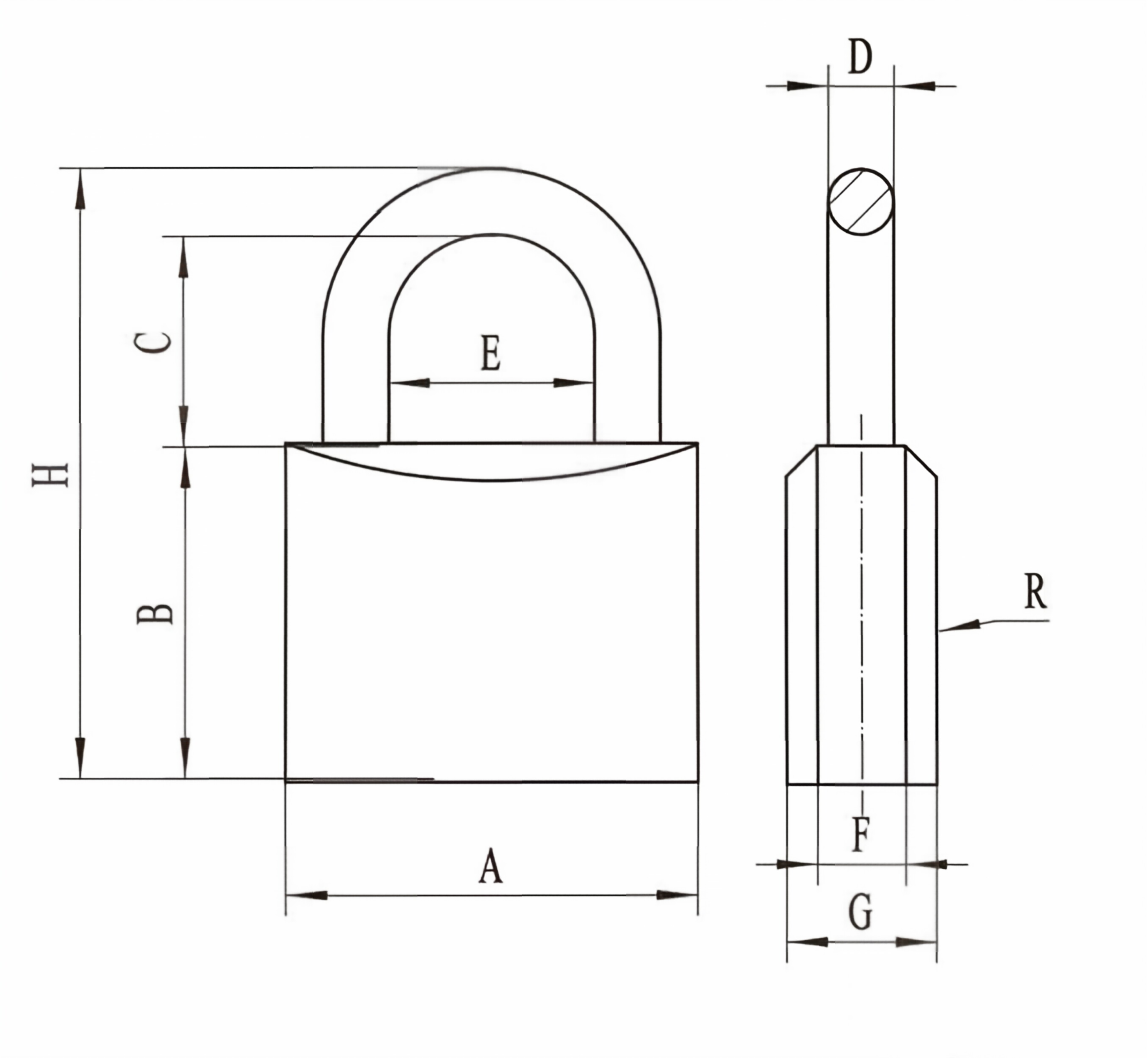 Medium-size brass padlock technical dimension diagram