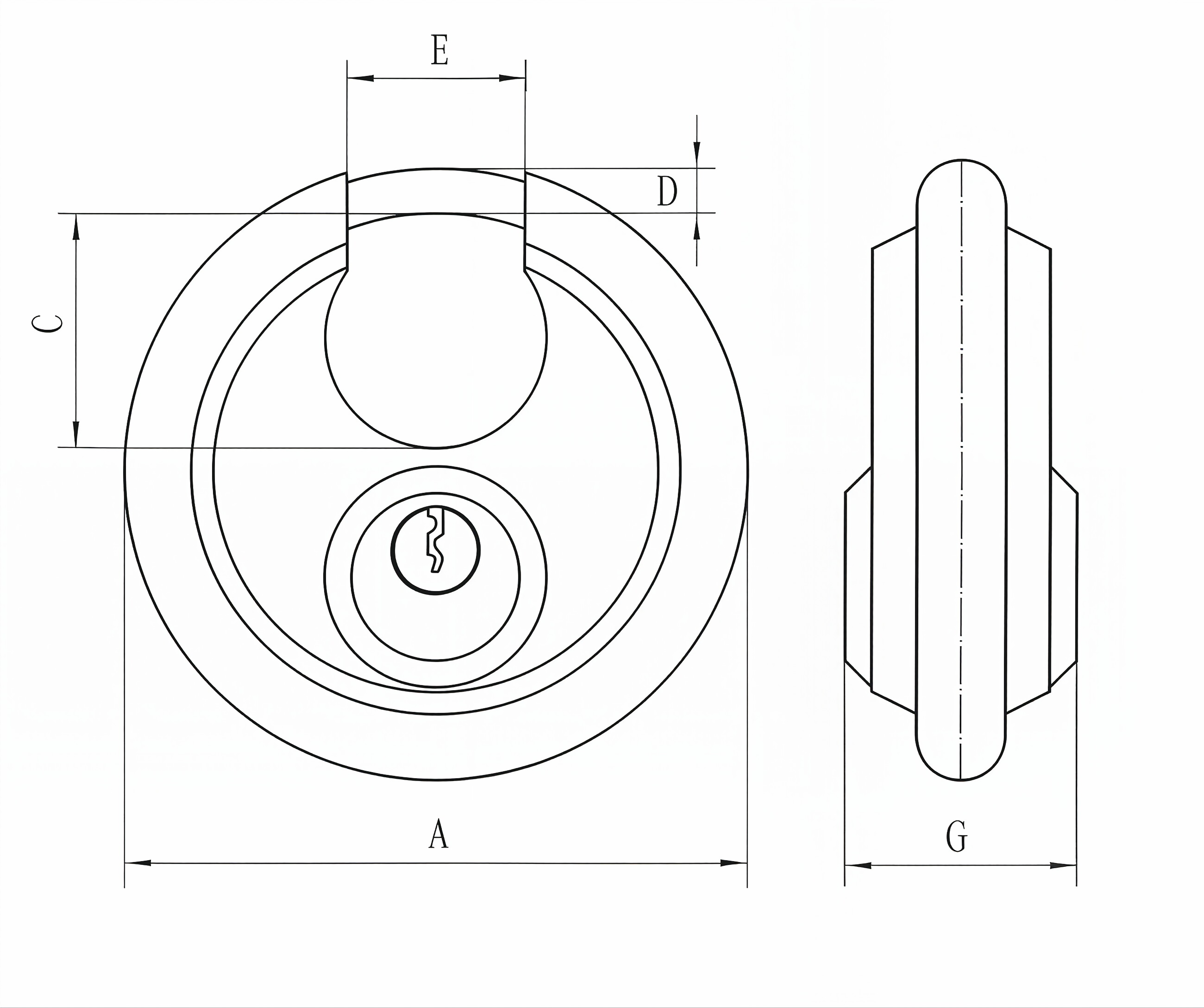 Discus stainless-steel padlock technical dimension diagram with front view and side view measurements