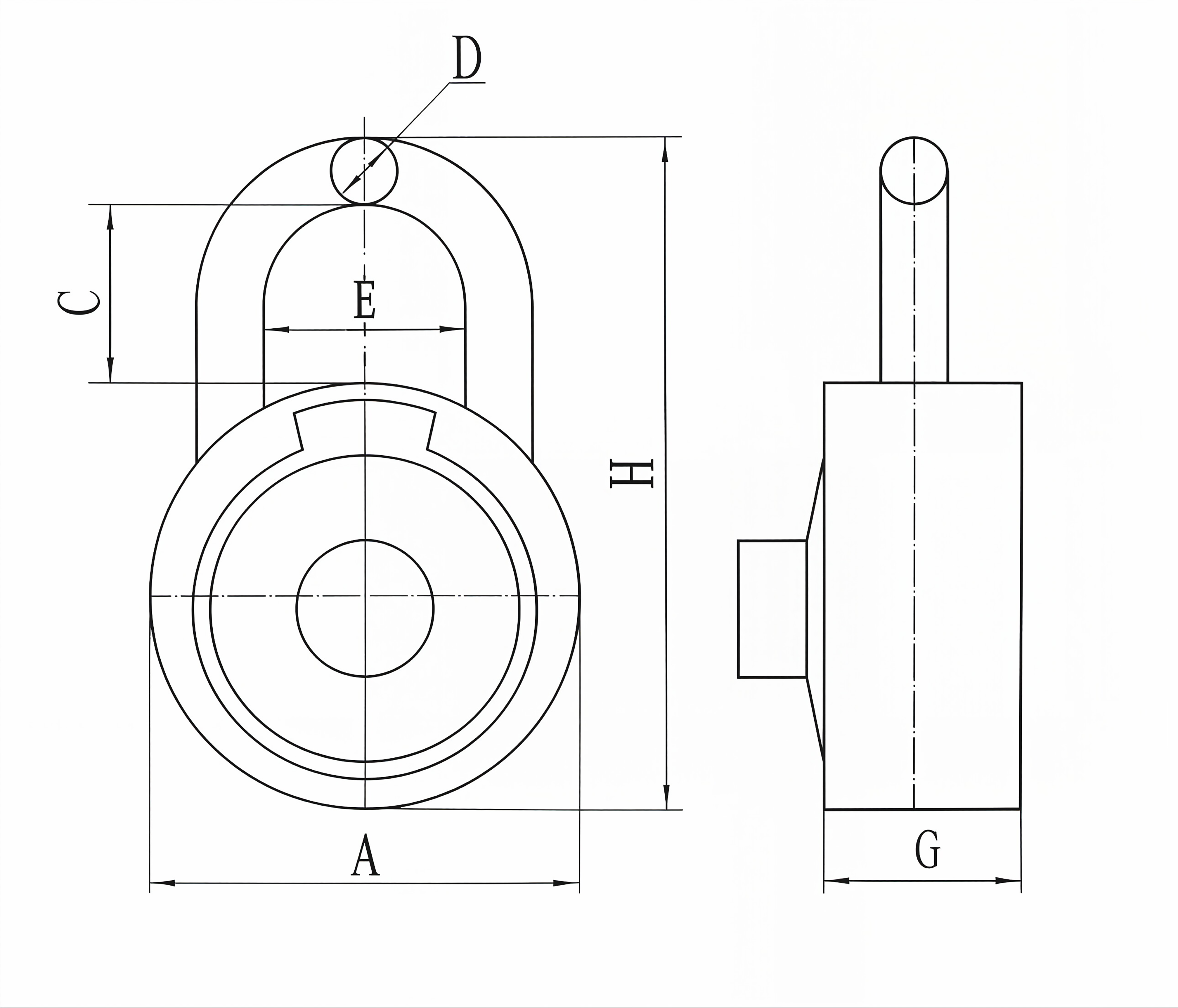 Round-shape combination padlock technical dimension diagram with detailed measurements