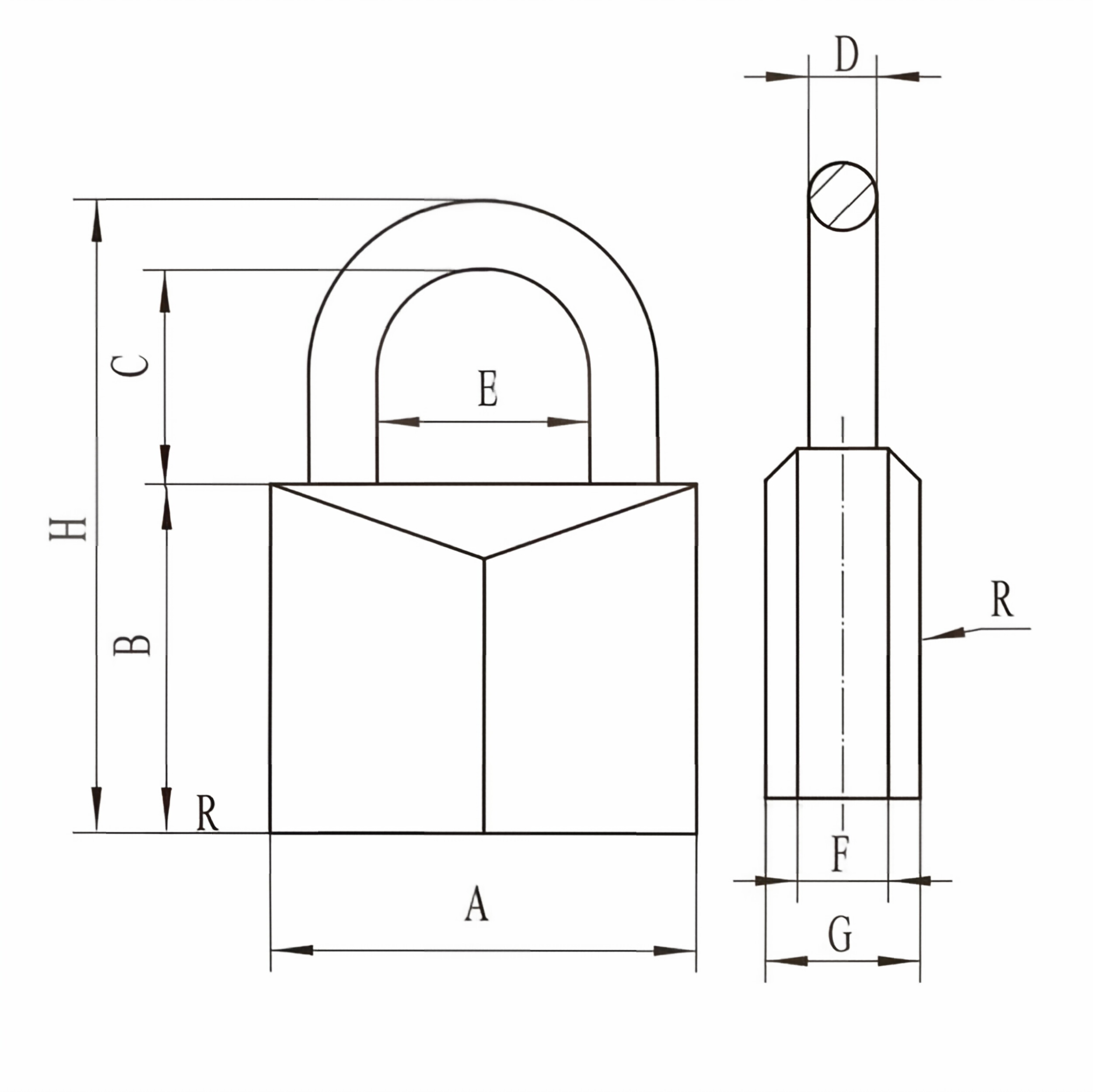 Rhombic brass padlock technical dimension diagram