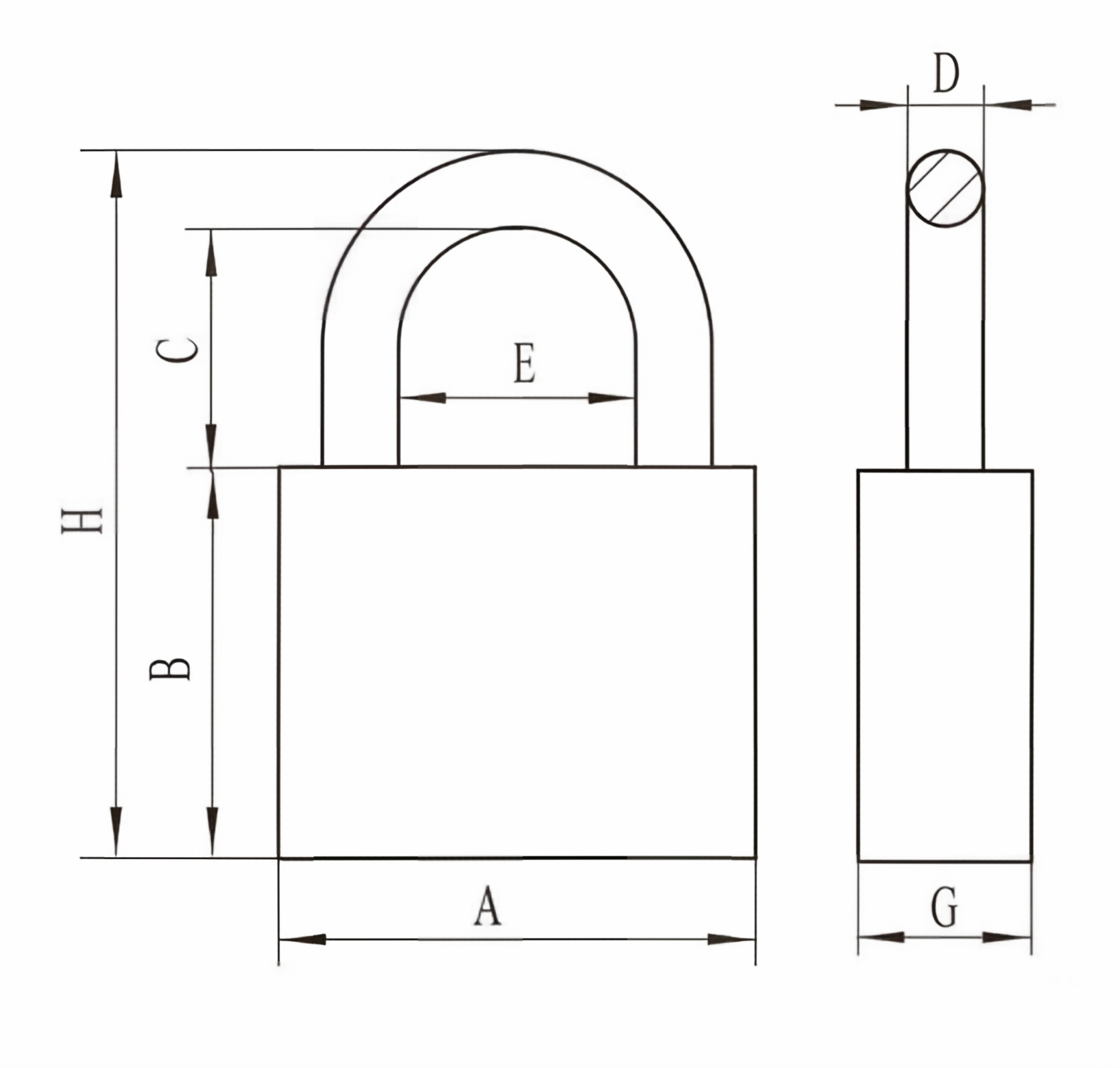 Vane-key brass padlock square-shape technical dimension diagram