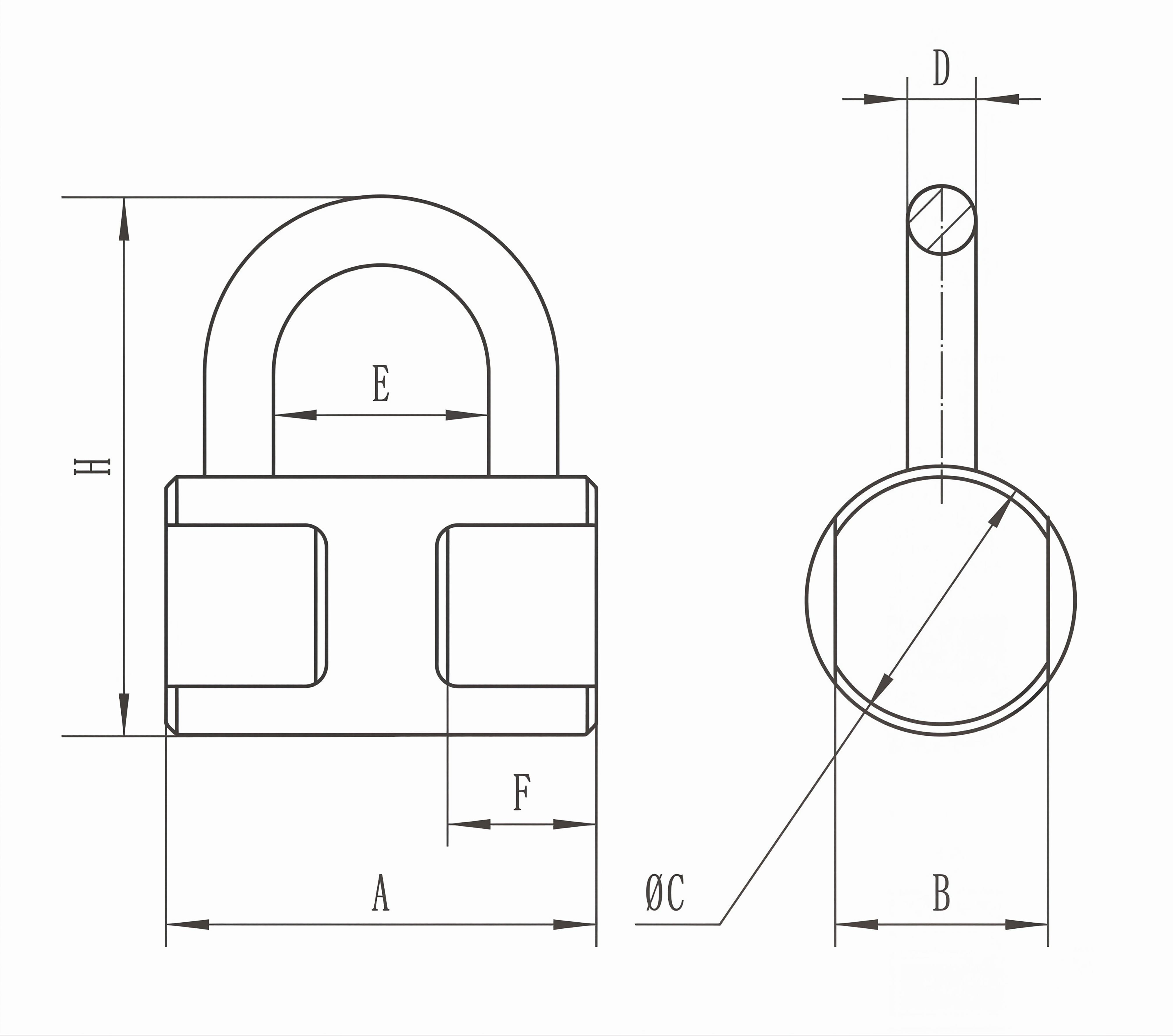 Hammer-shape brass padlock technical dimension diagram