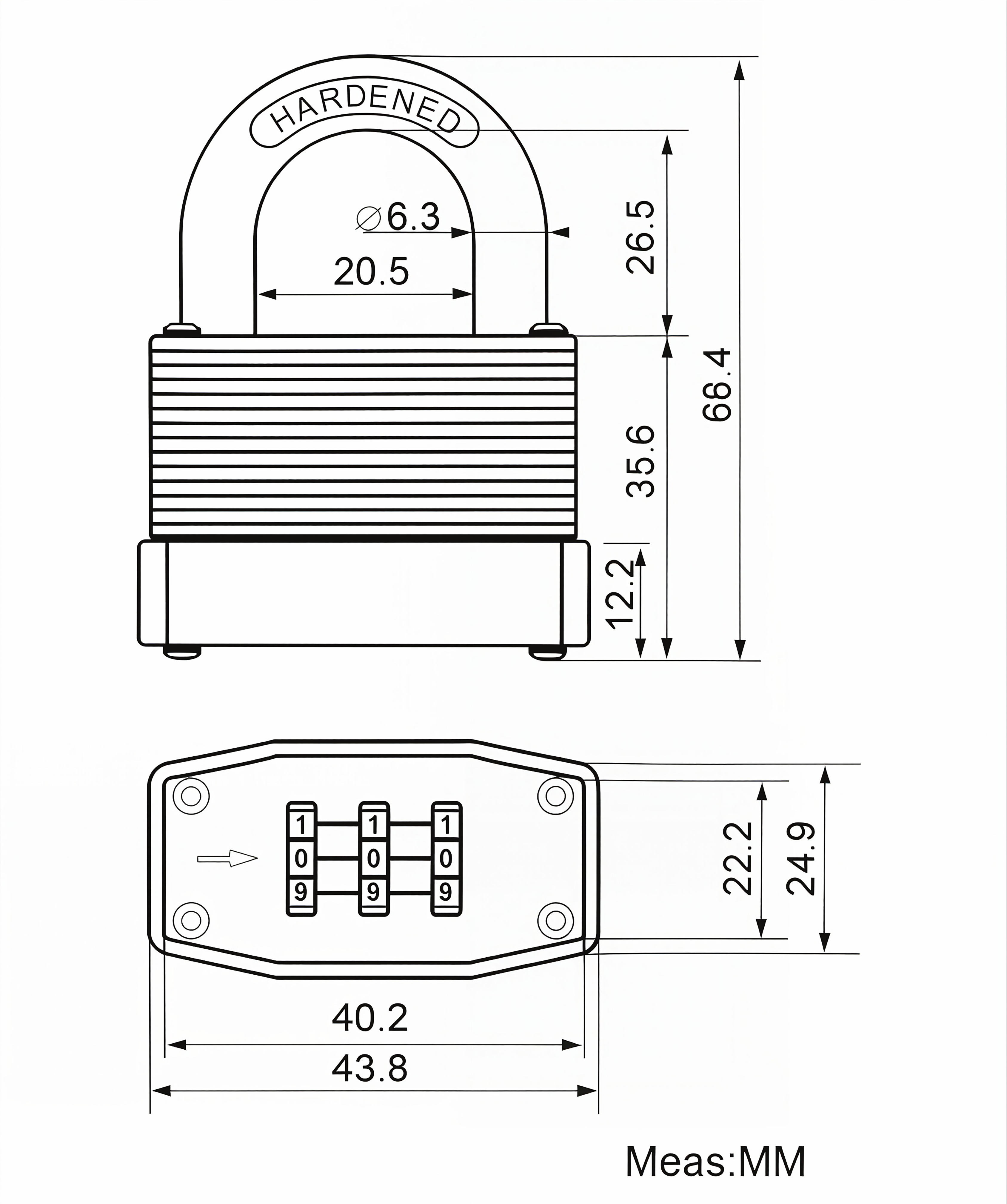 Laminated steel combination padlock F503 technical dimension diagram
