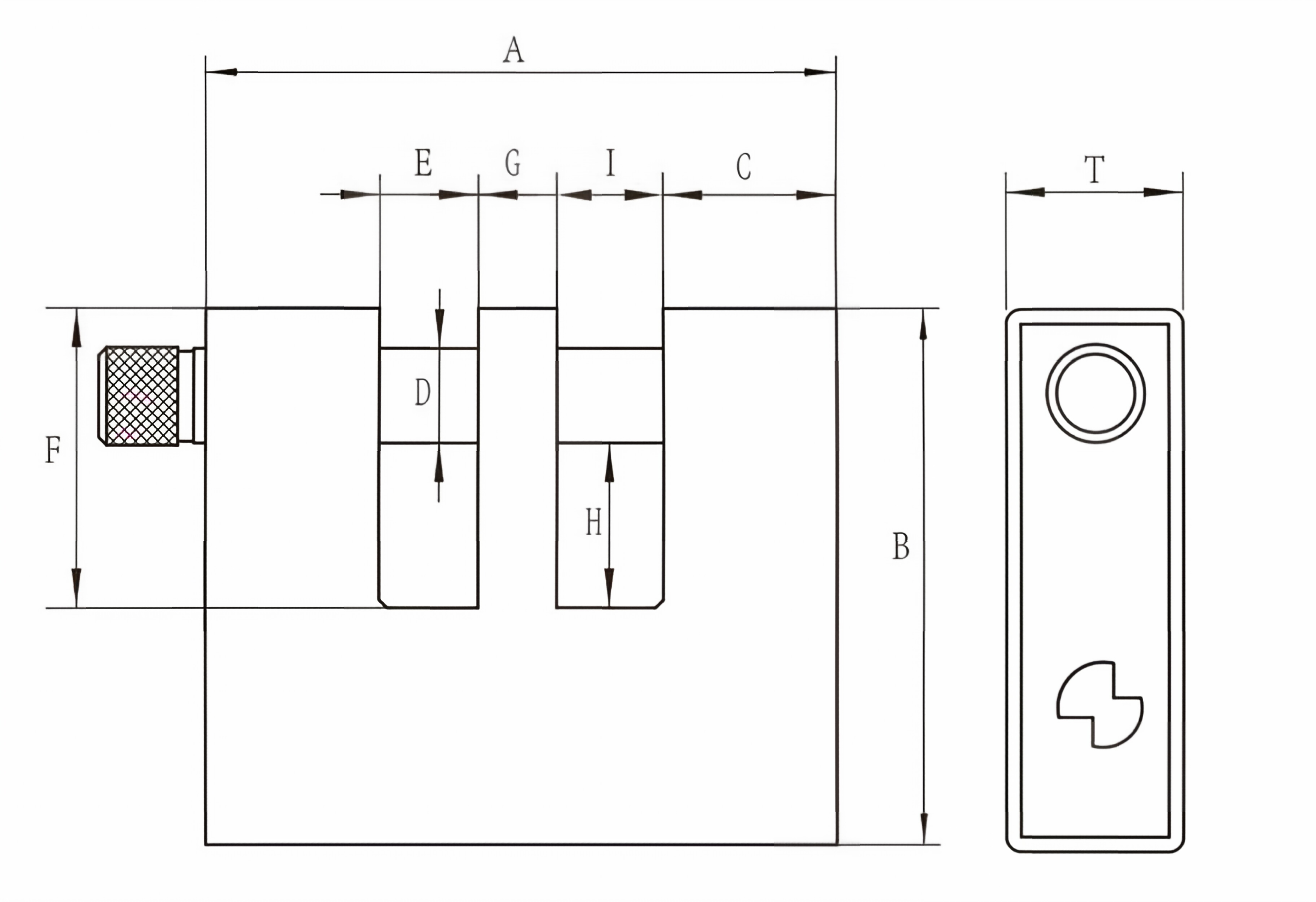 Rectangular brass padlock with armored-steel jacket double gaps technical dimension diagram