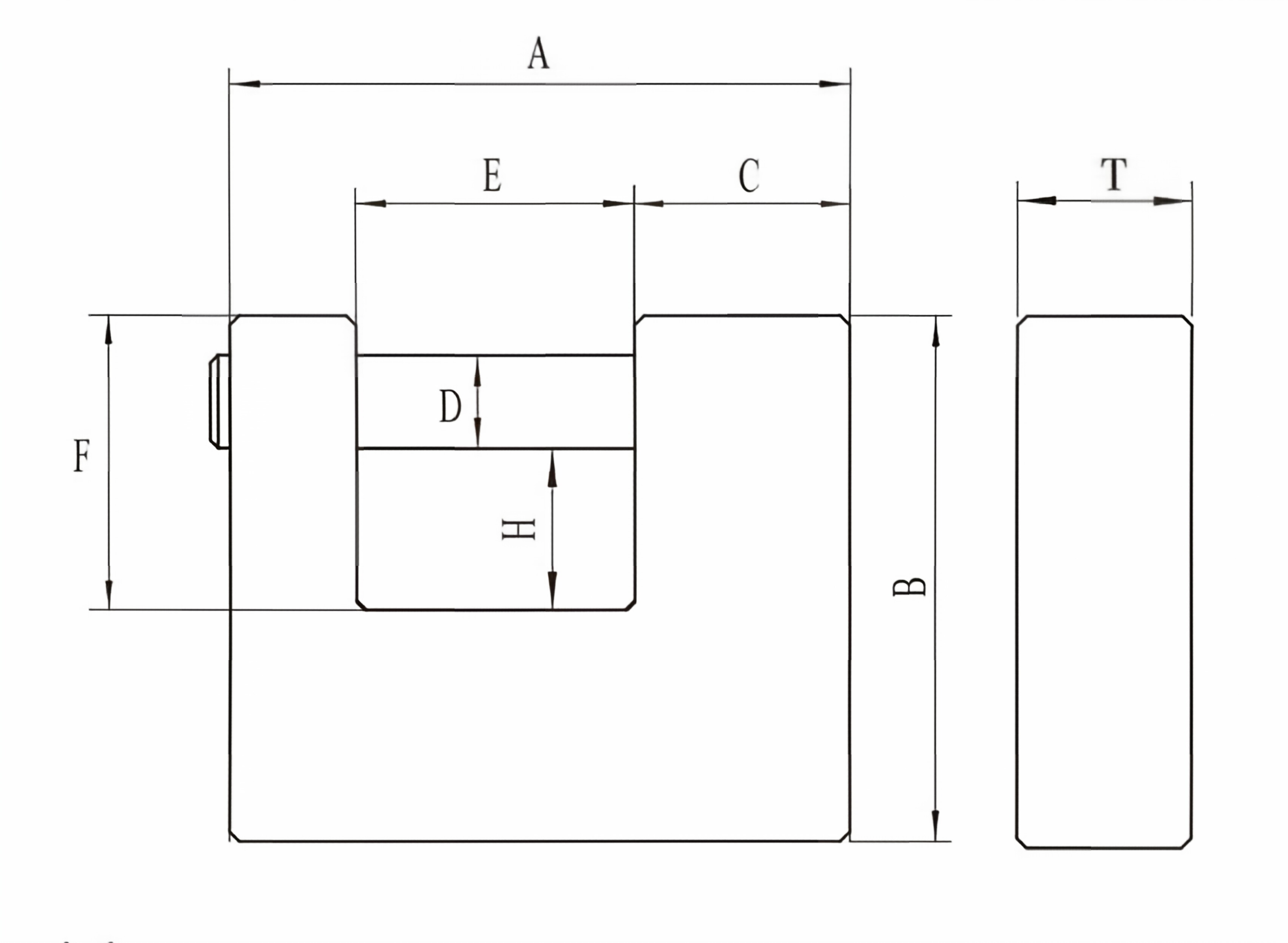 Rectangular brass padlock technical dimension diagram