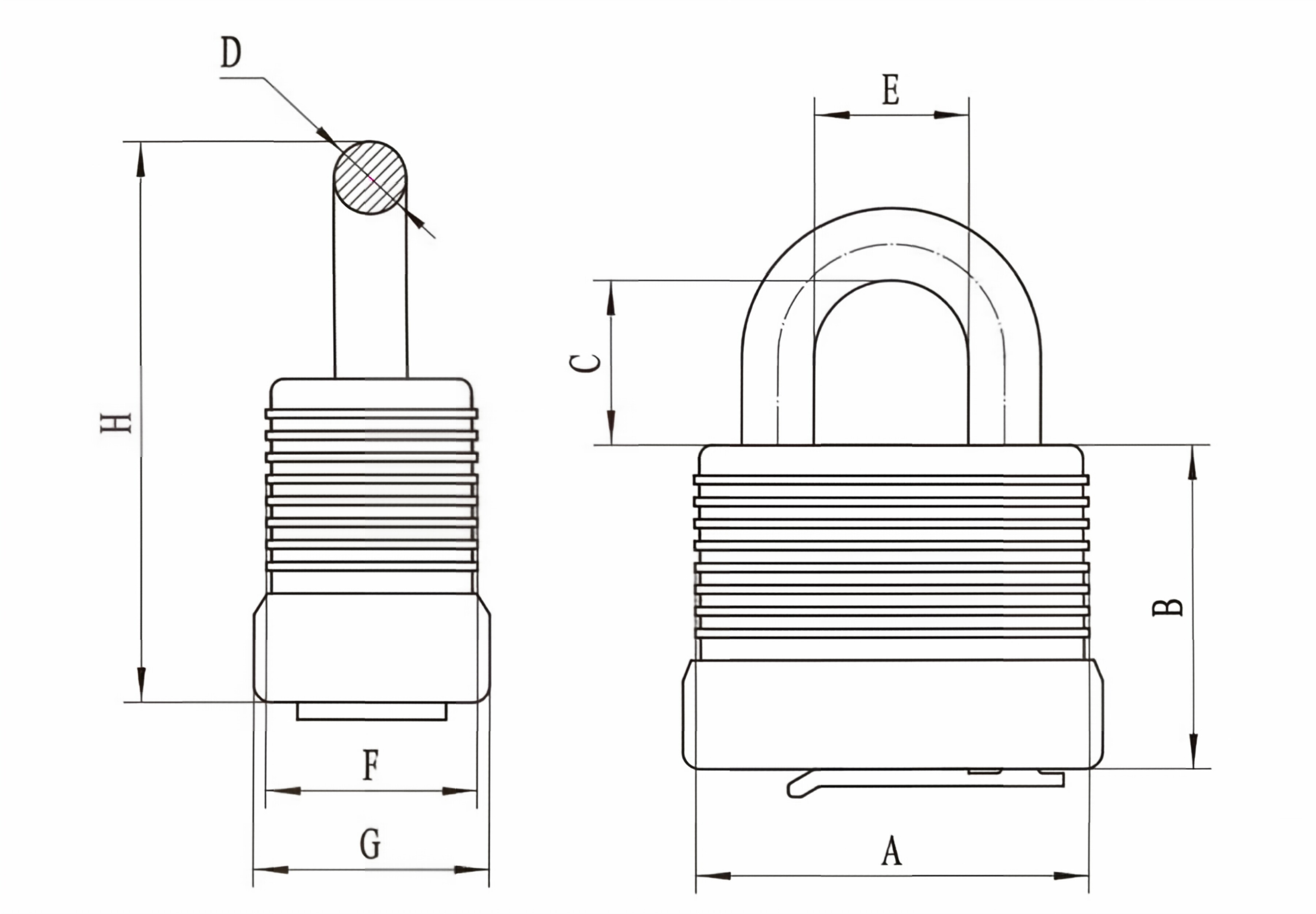 Marine aluminum padlock technical dimension diagram