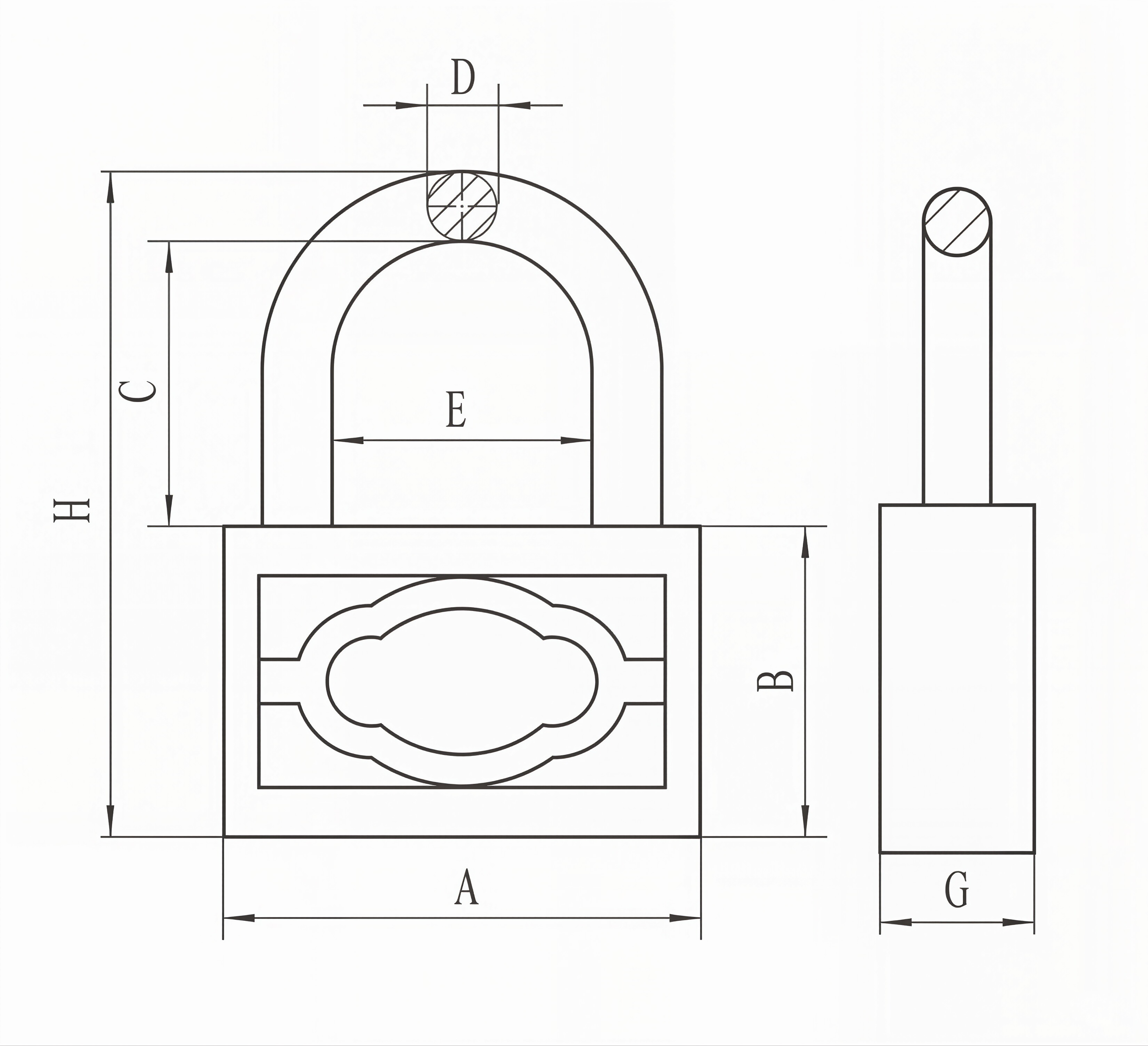 Die-casting brass padlock technical dimension diagram