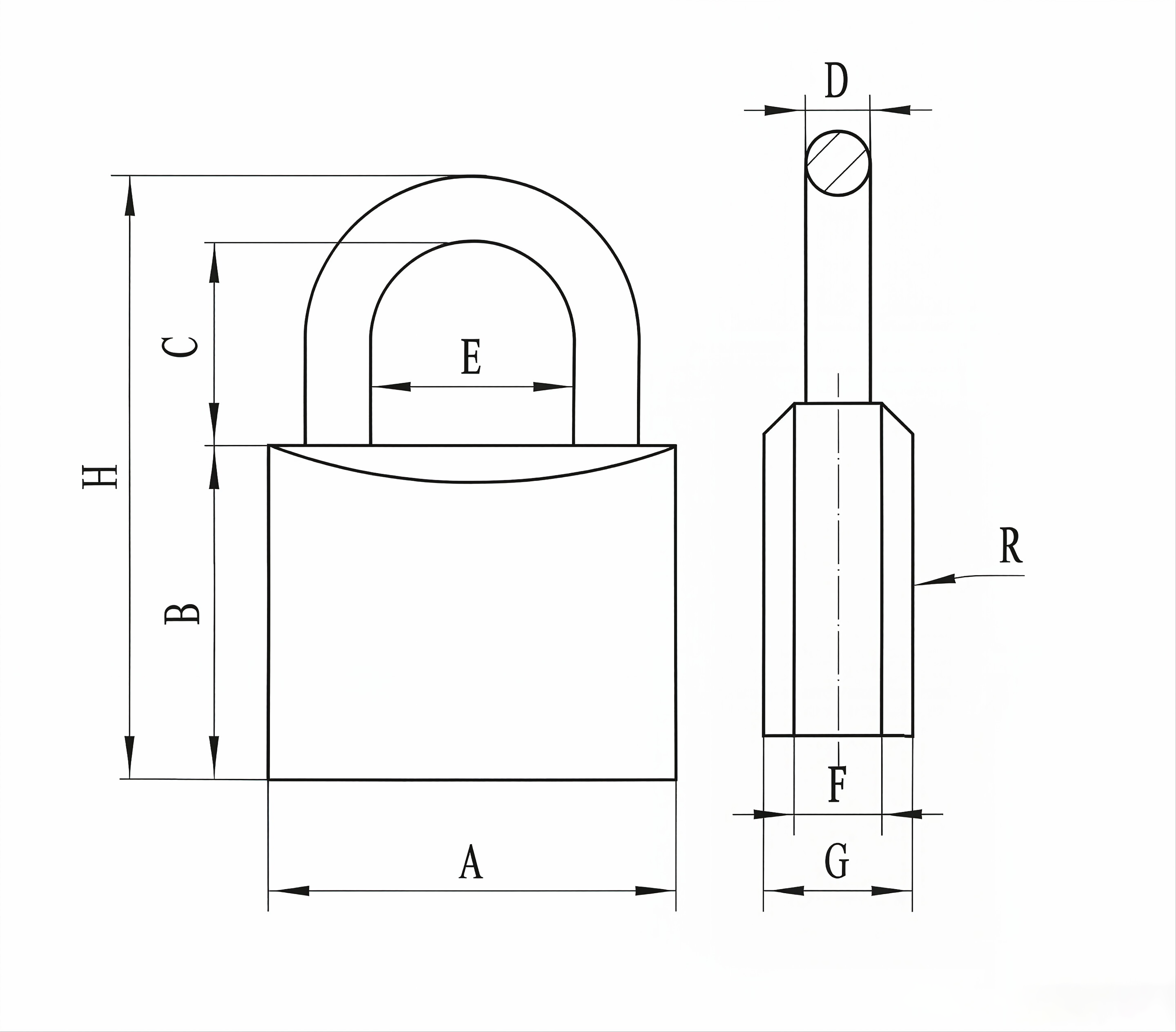 Iron padlock technical dimension diagram with front view and side view measurements