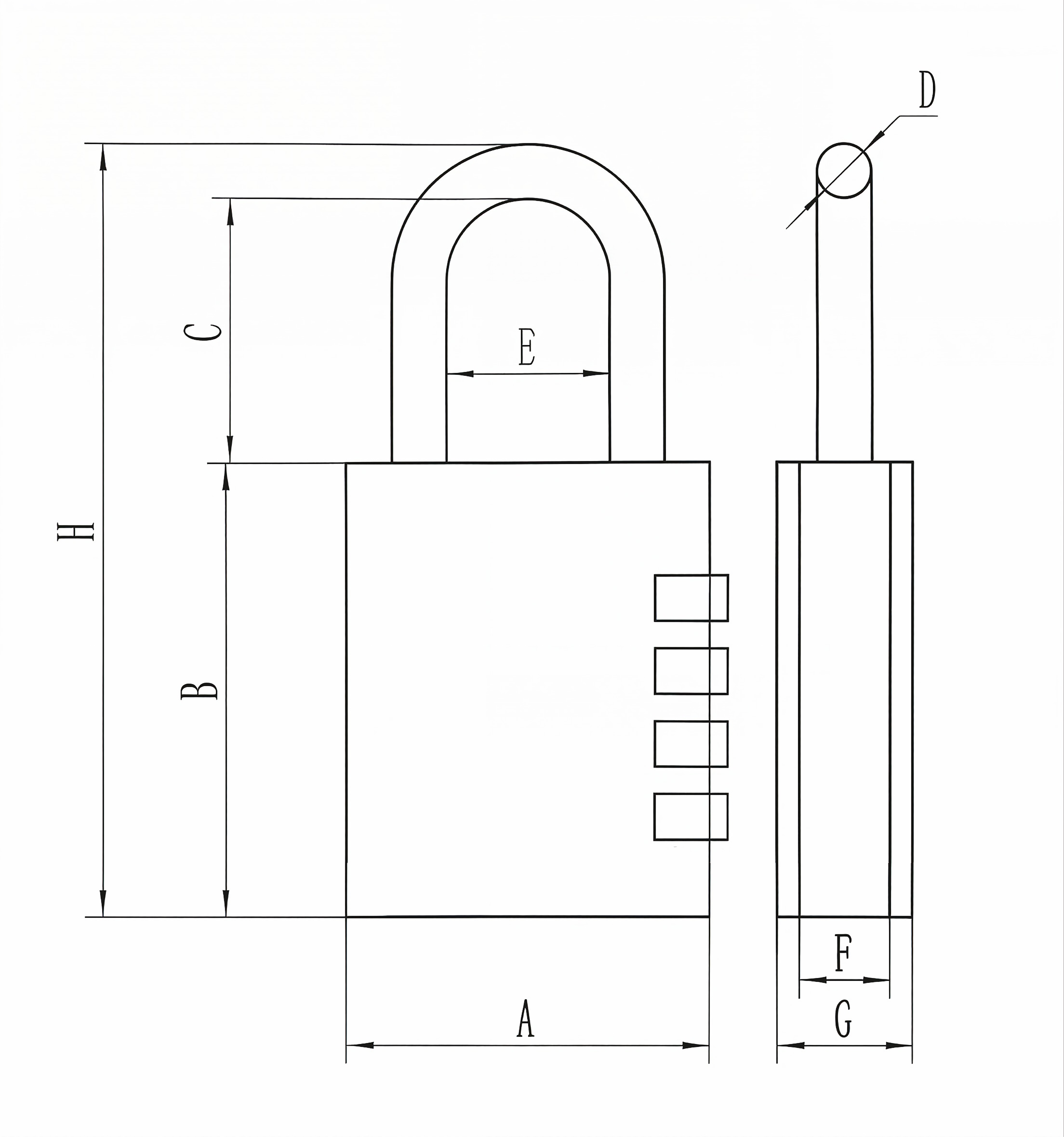 Combination brass padlock arc-shape technical dimension diagram