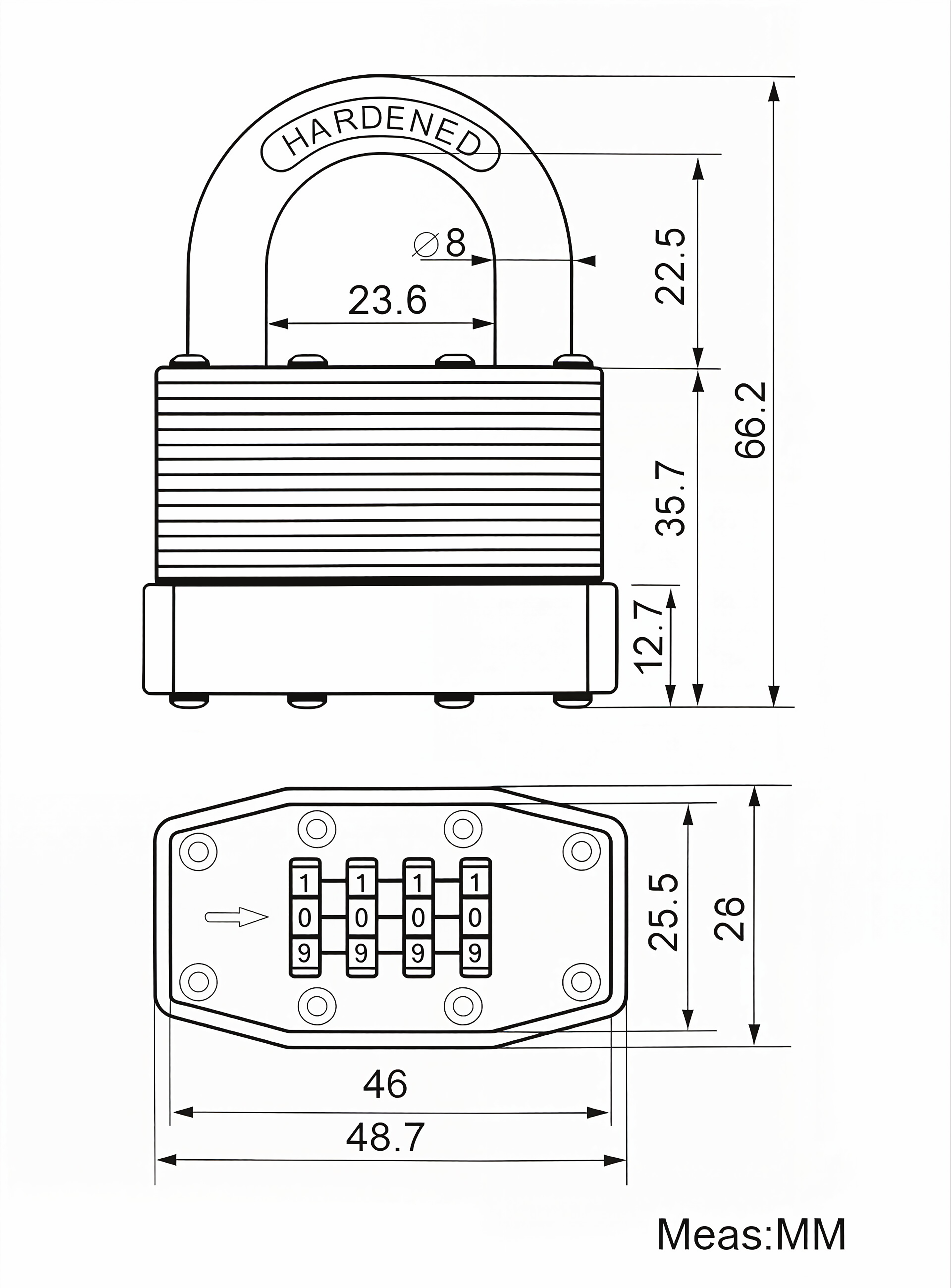Laminated steel combination padlock F504 technical dimension diagram with measurements