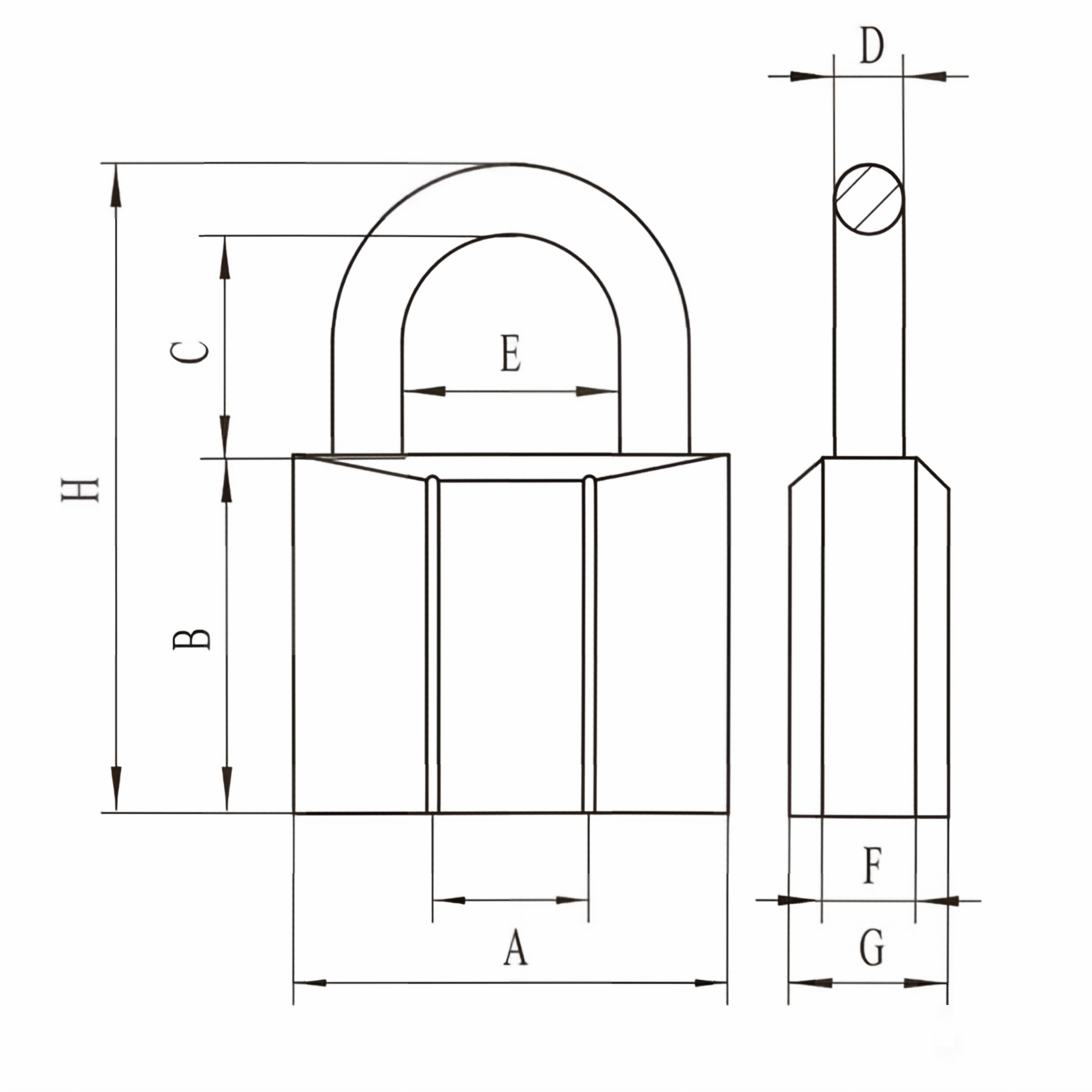 Double-line brass padlock technical dimension diagram