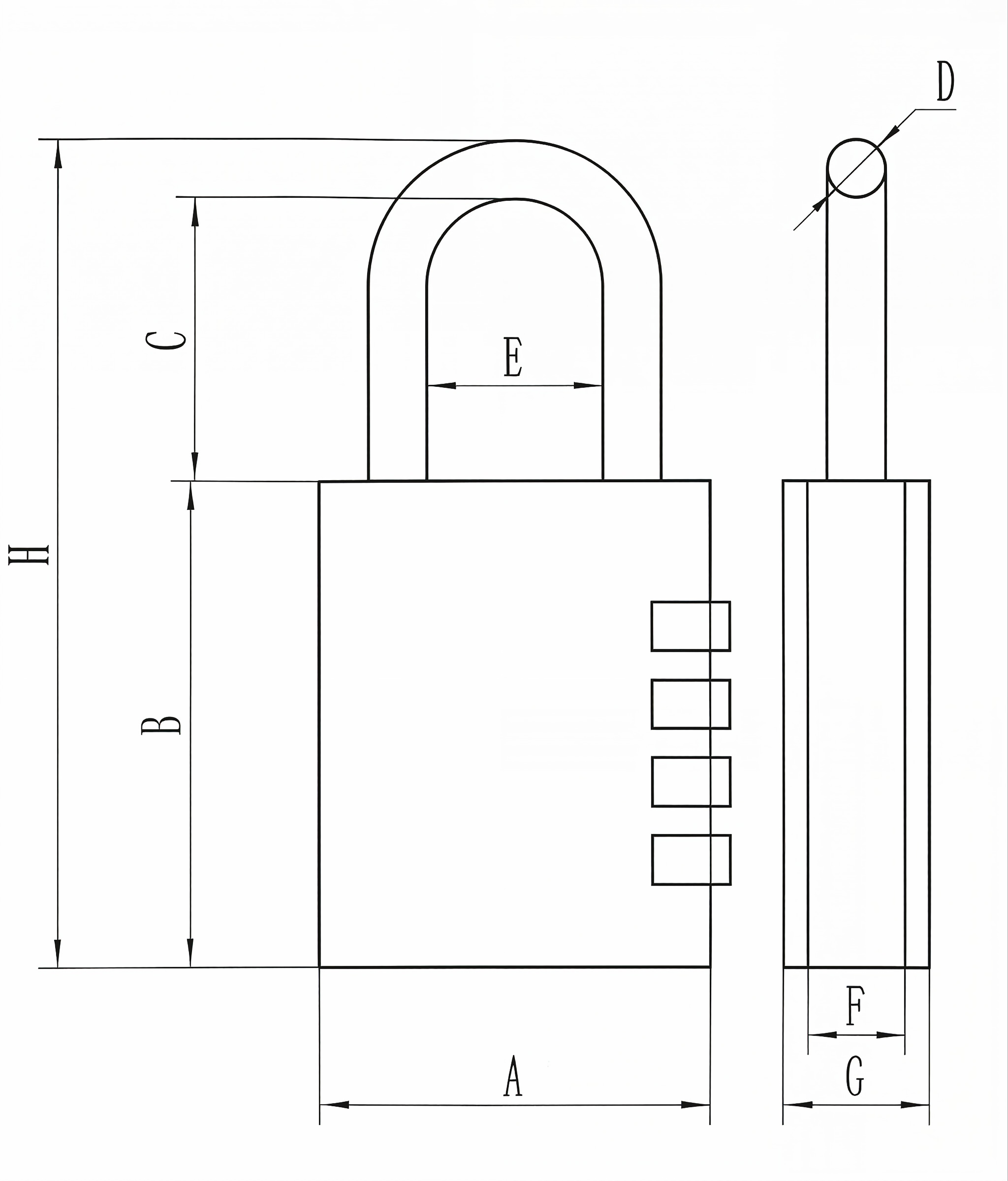 Combination aluminum padlock arc-shape technical dimension diagram