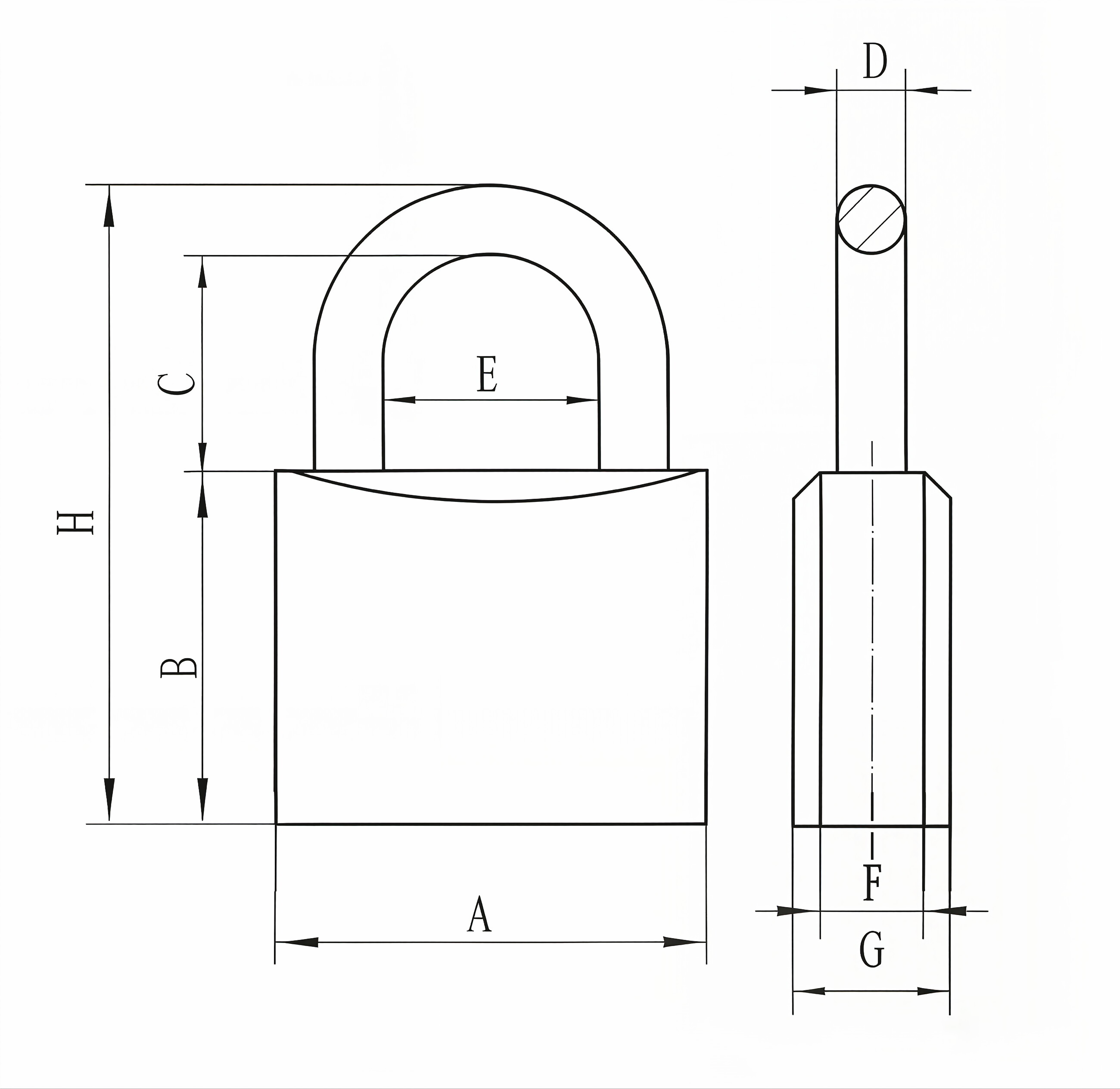 Cross-key brass padlock technical dimension diagram