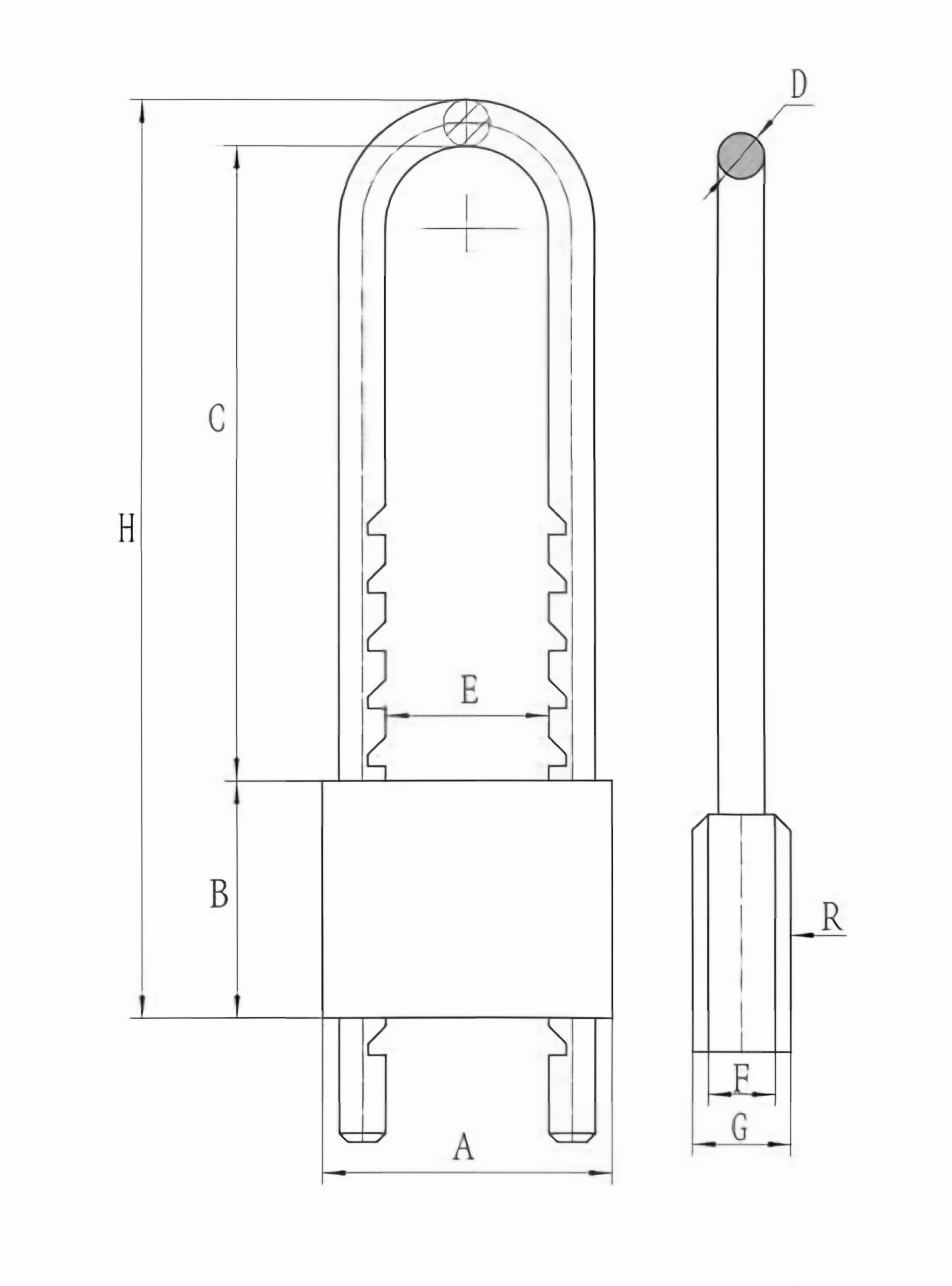 Heavy-duty brass padlock with detachable shackle technical dimension diagram