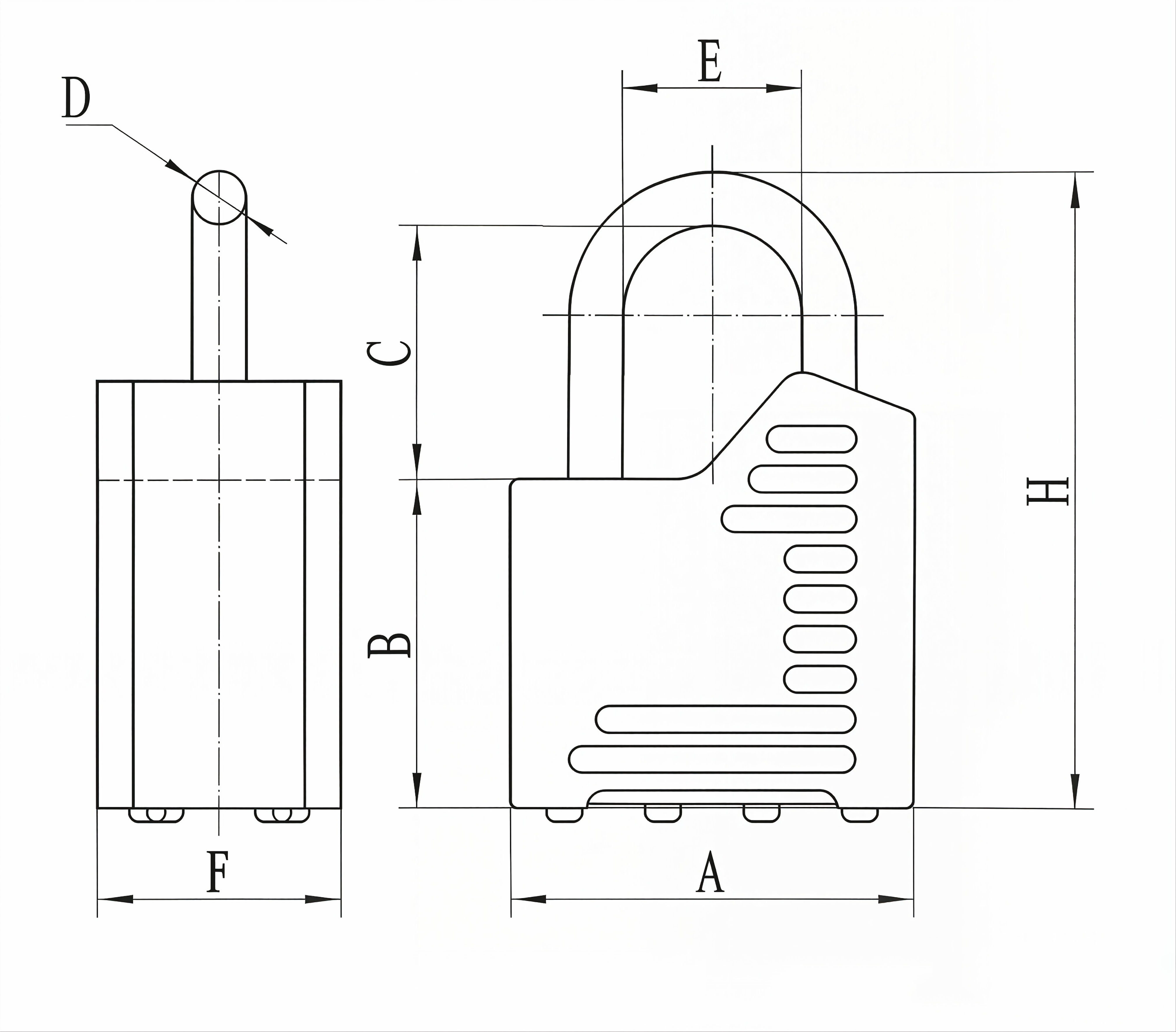 Half-shackle protected laminated steel padlock technical dimension diagram