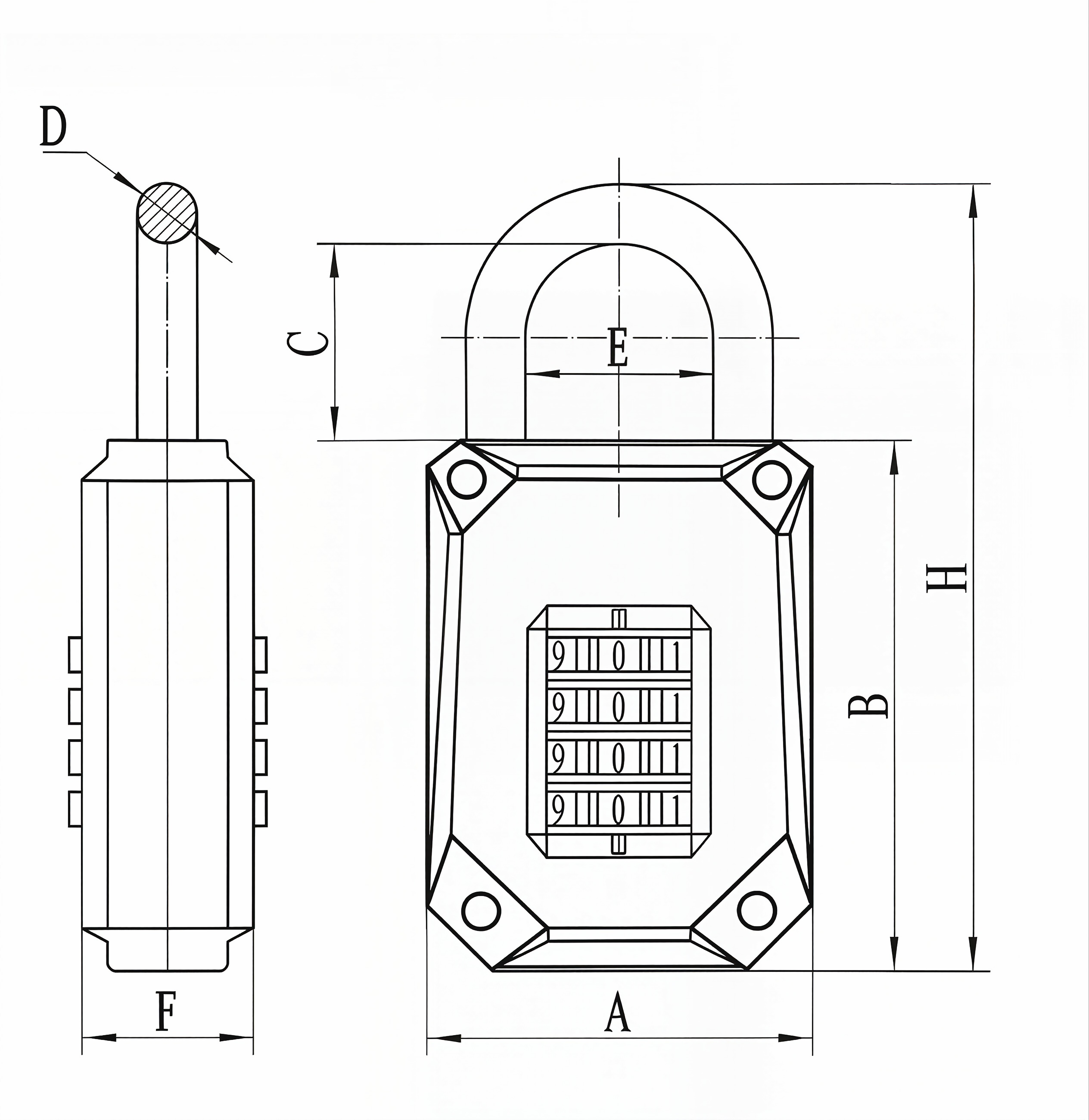 Heavy-duty zinc-alloy combination padlock technical dimension diagram with front view and side view measurements