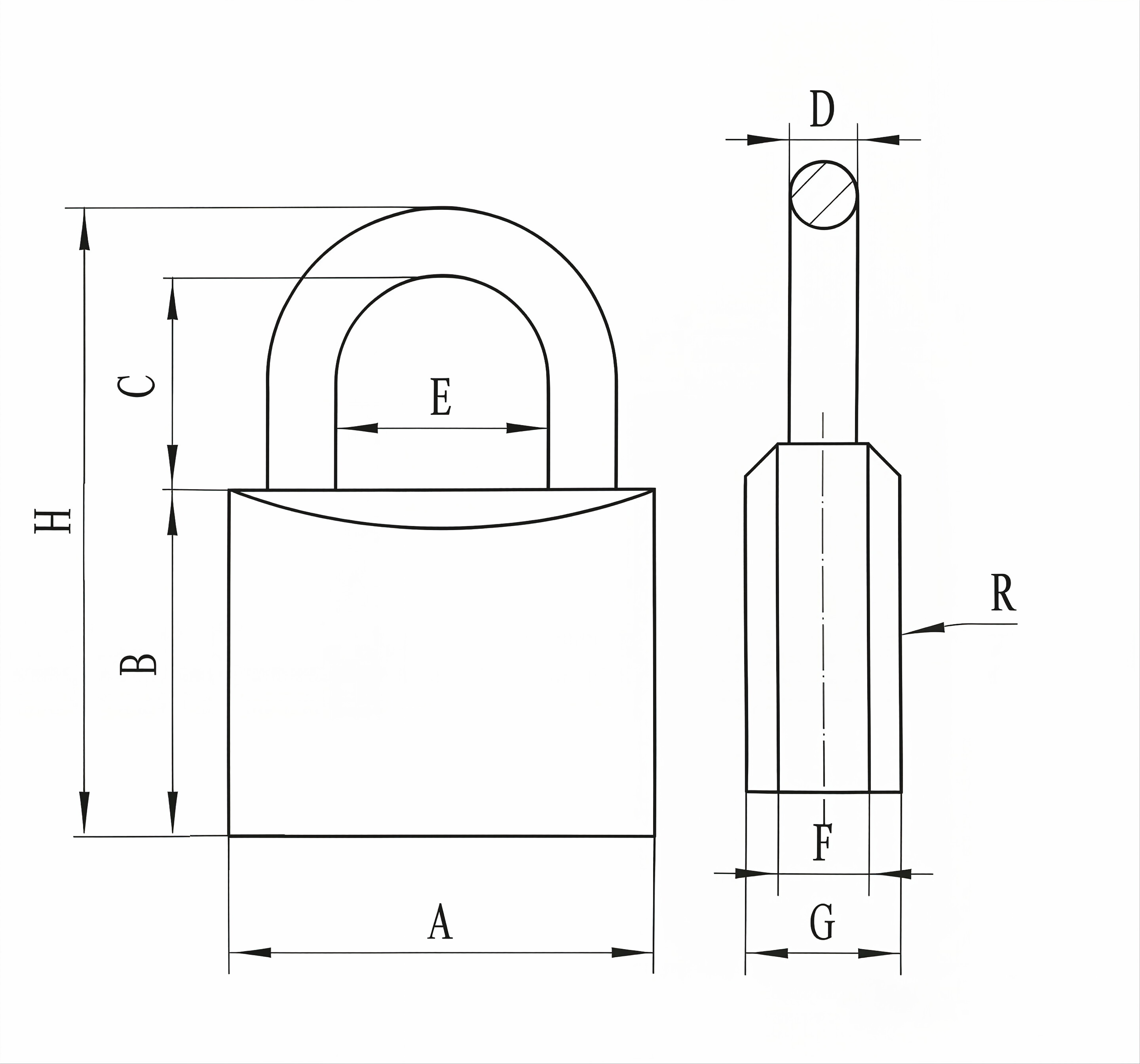 Brass-painting iron padlock technical dimension diagram with front view and side view measurements