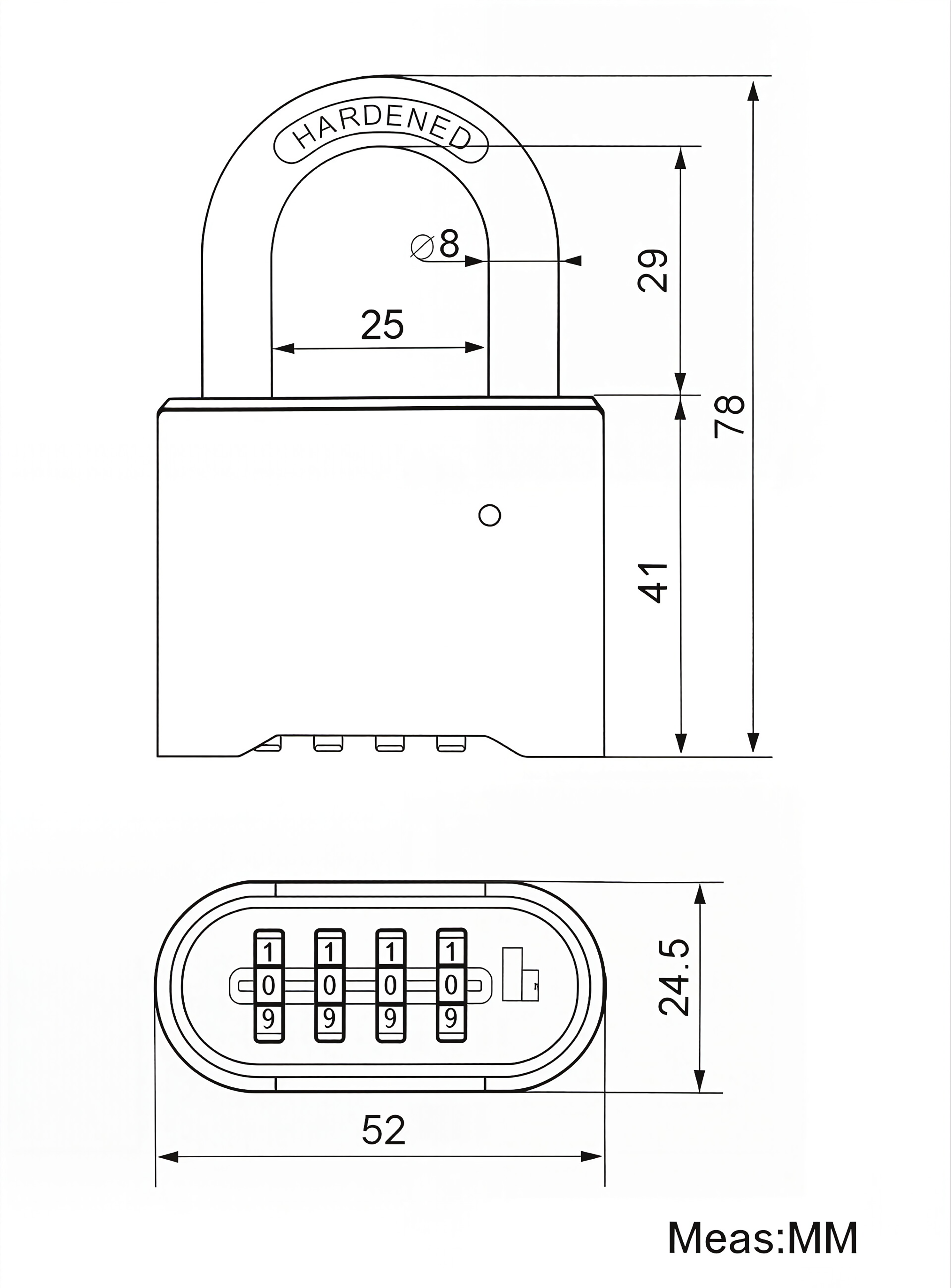 Heavy-duty brass combination padlock B501 technical dimension diagram with detailed measurements