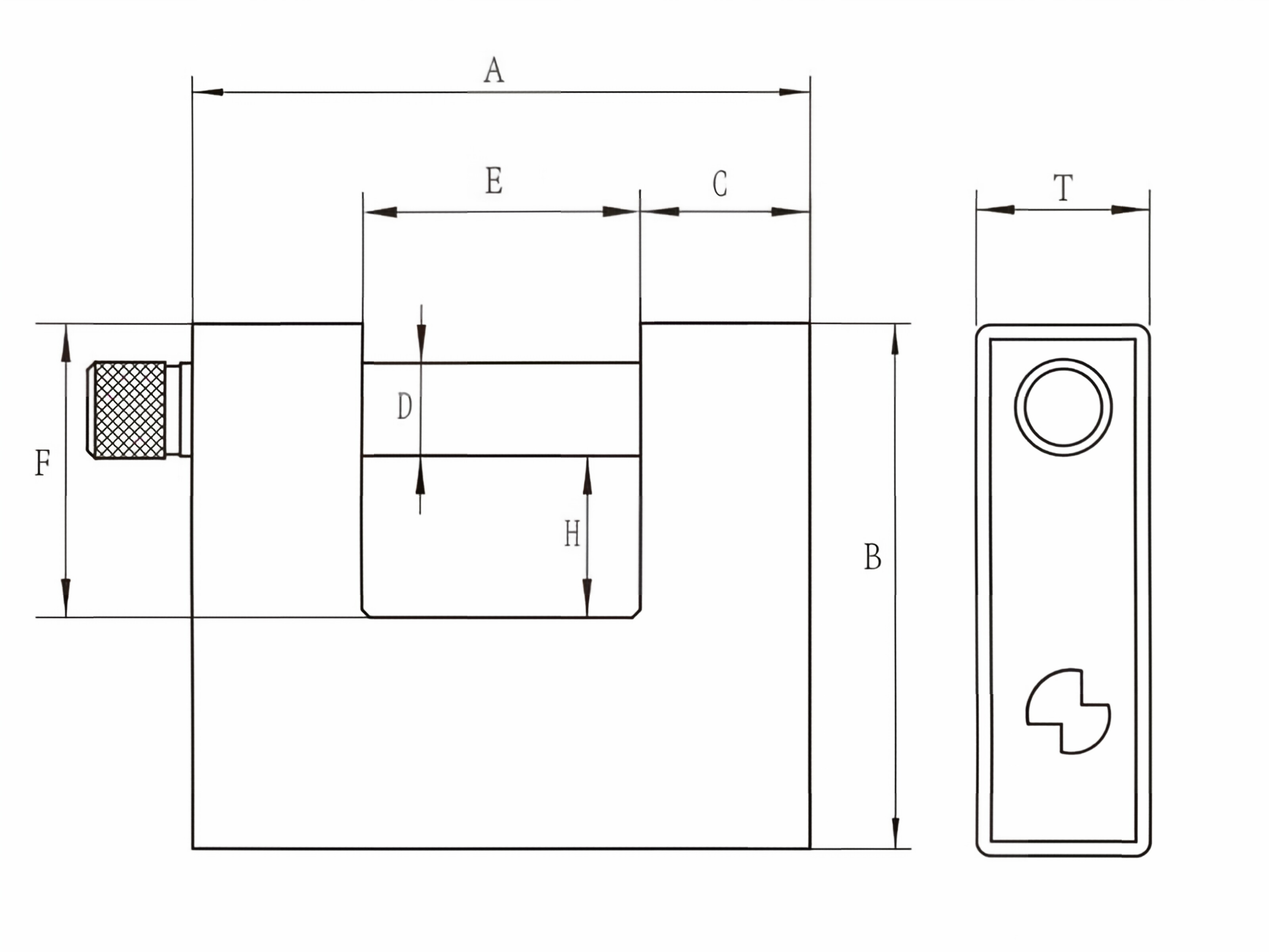 Rectangular brass padlock with armored-steel jacket technical dimension diagram