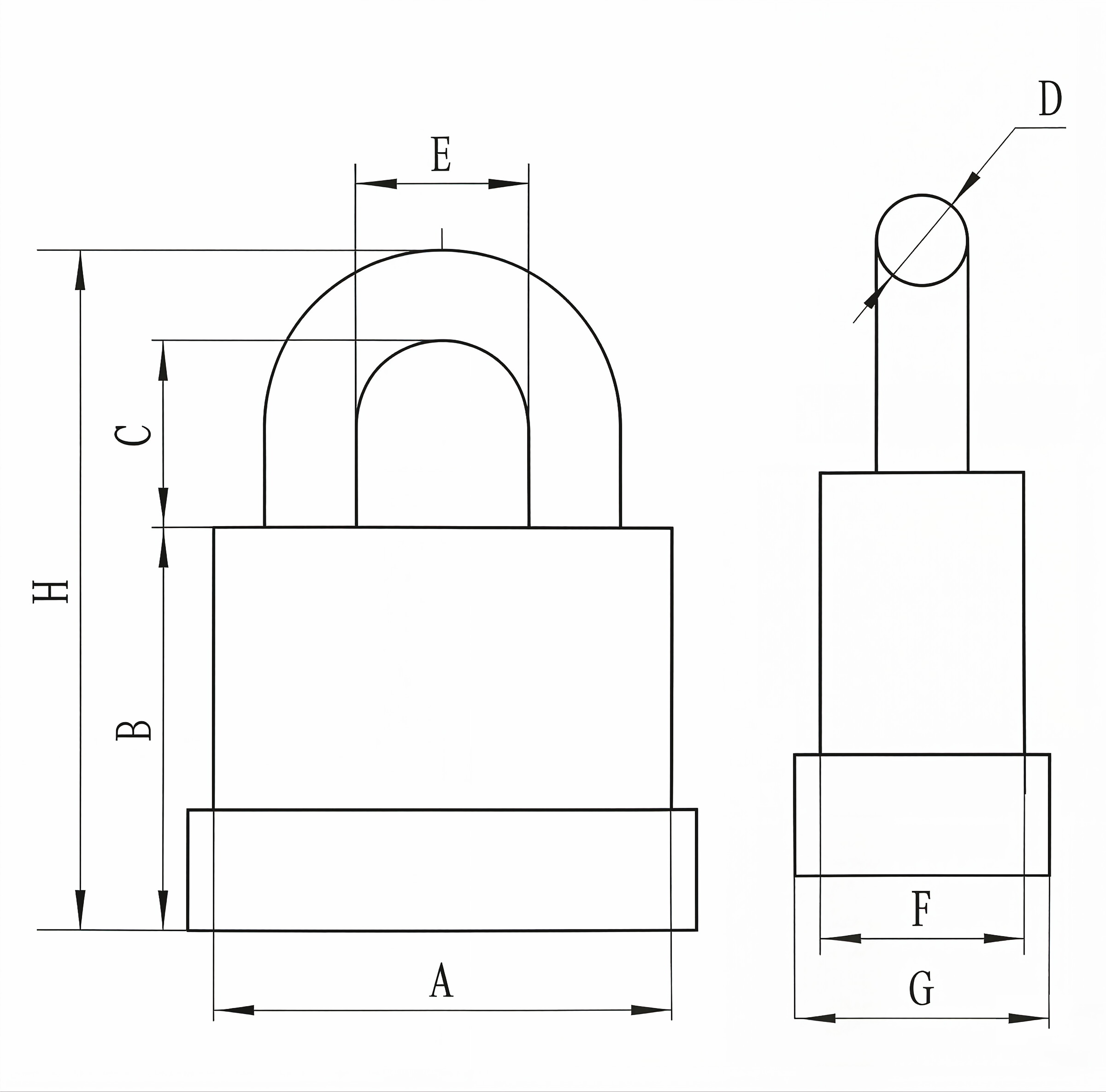 Laminated steel padlock technical dimension diagram