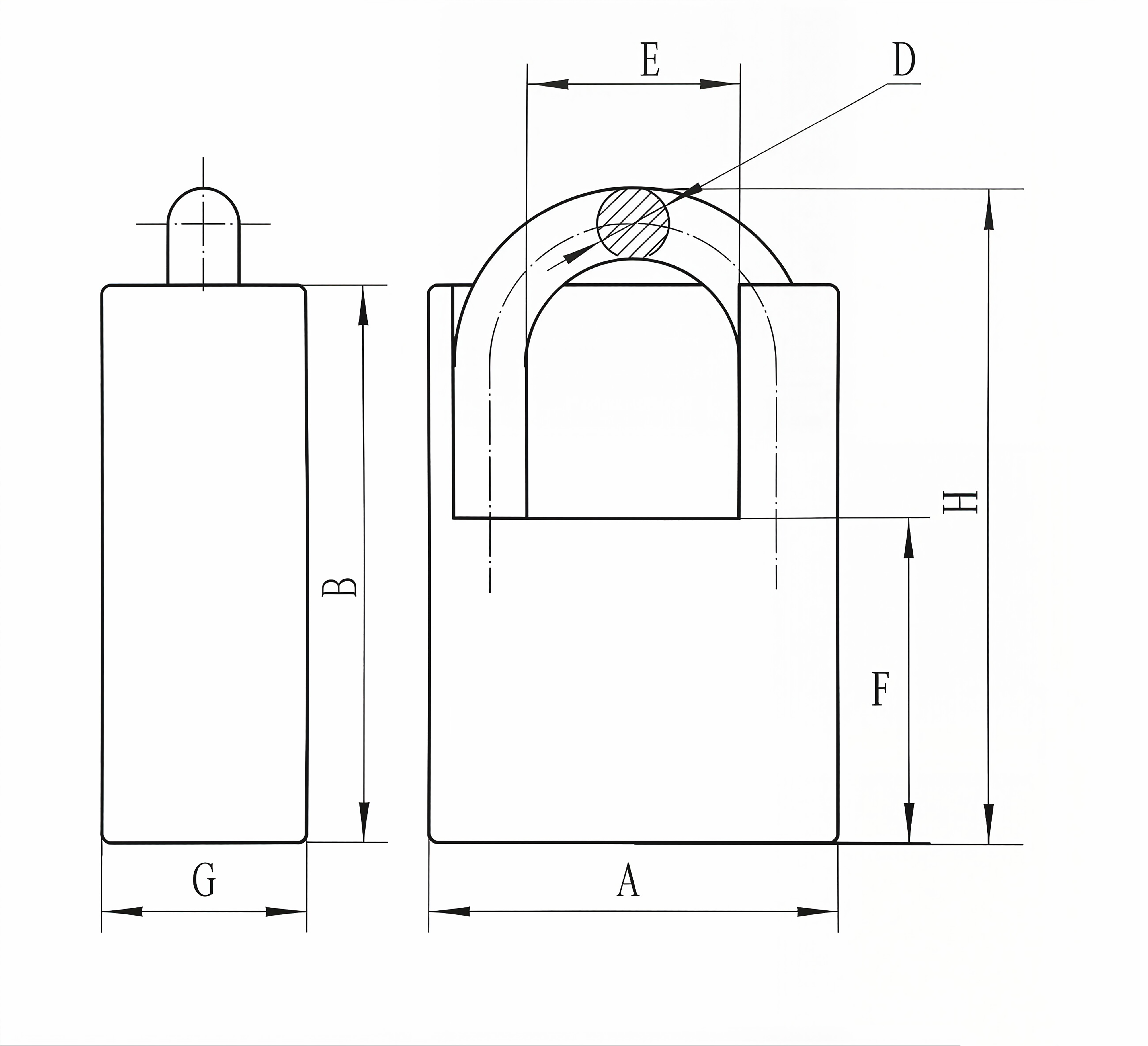 Half shackle-protected brass padlock square-shape technical dimension diagram