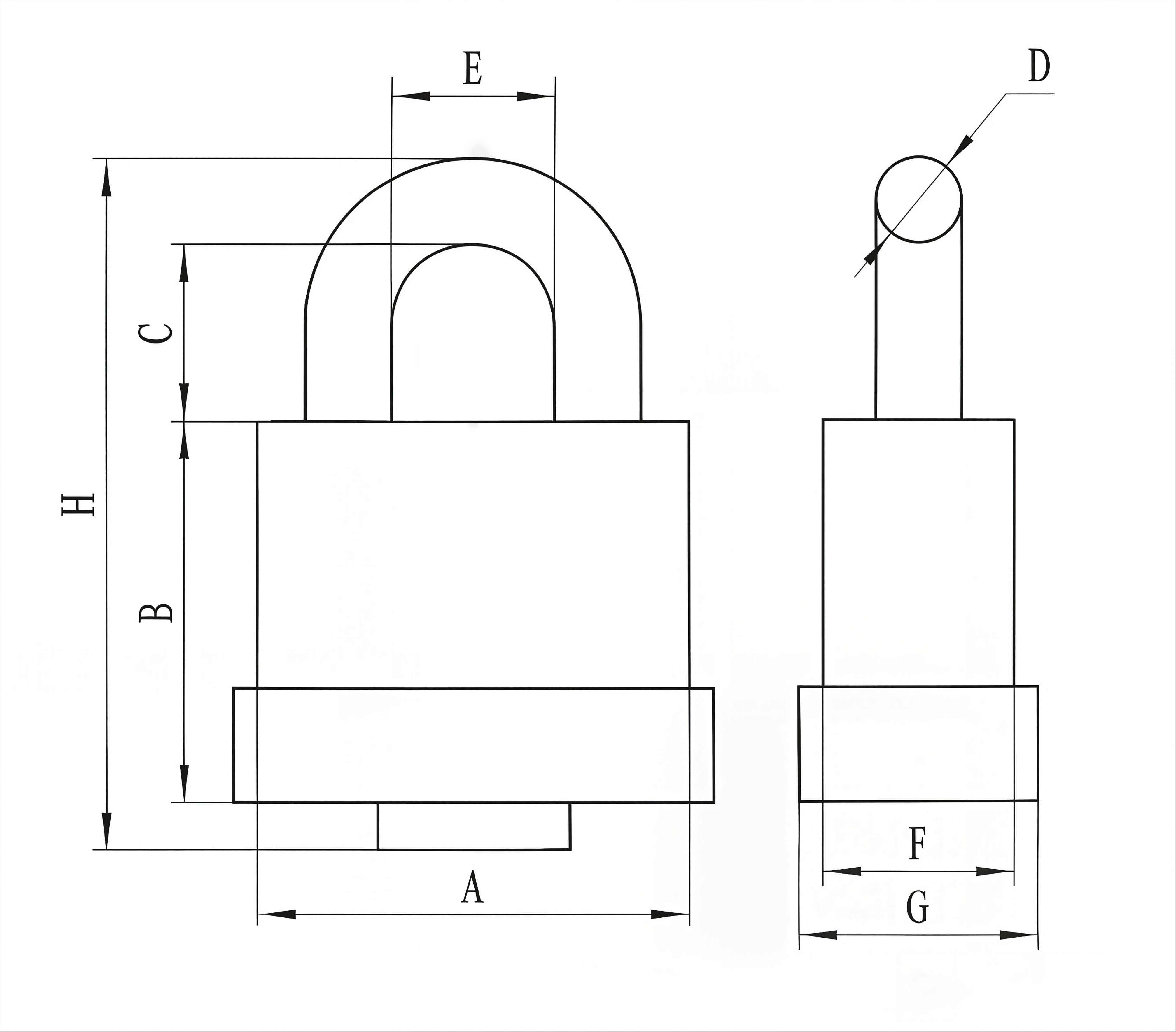 Marine laminated steel padlock technical dimension diagram