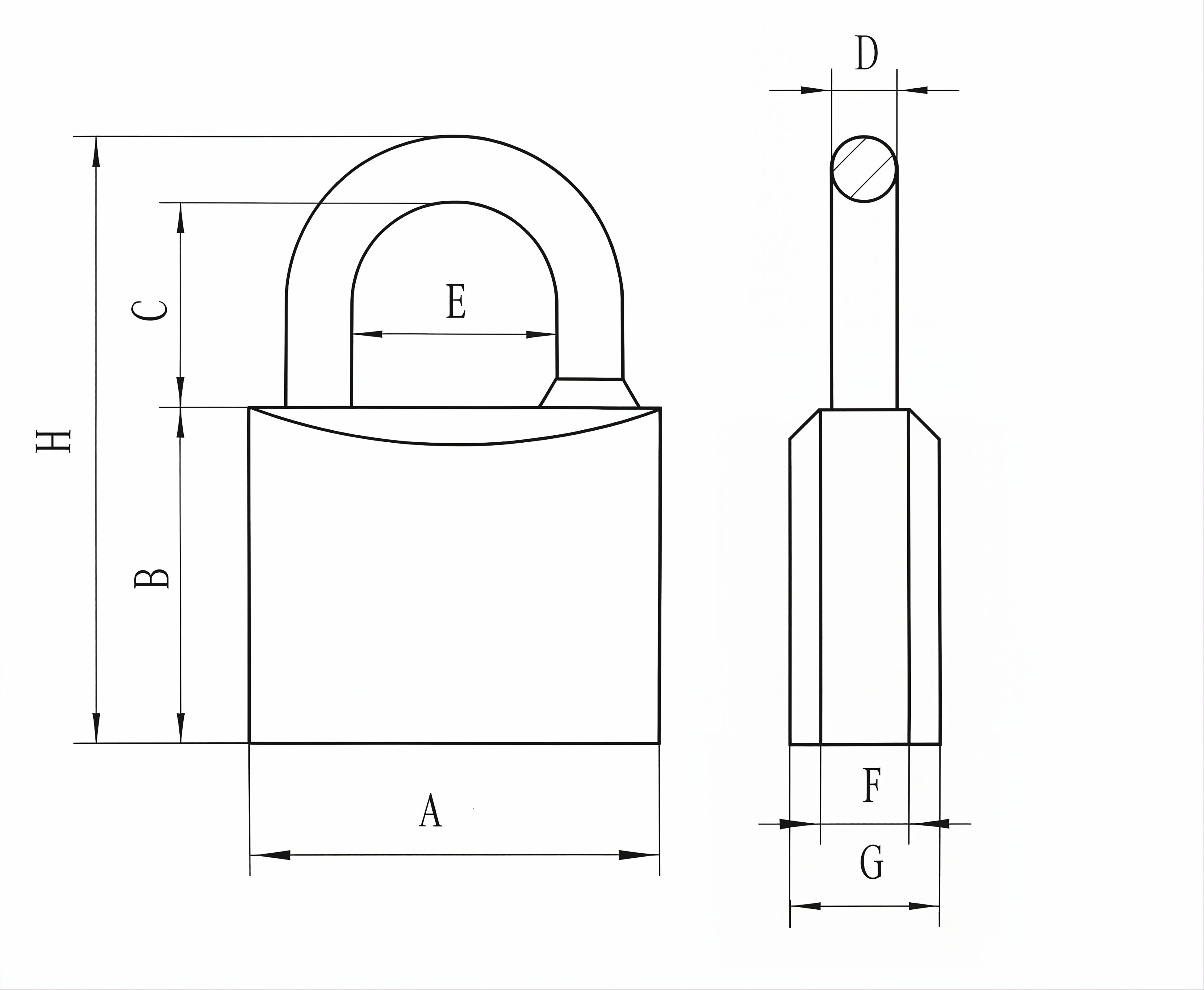 Reversible-key brass padlock technical dimension diagram