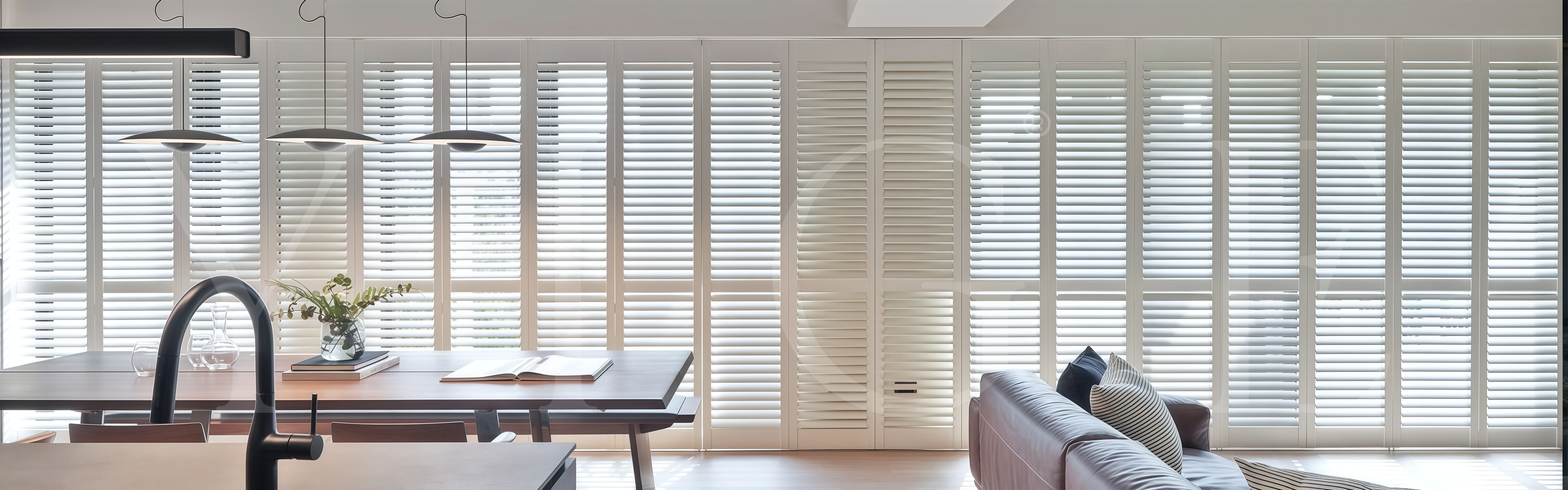 Modern living room with plantation shutters
