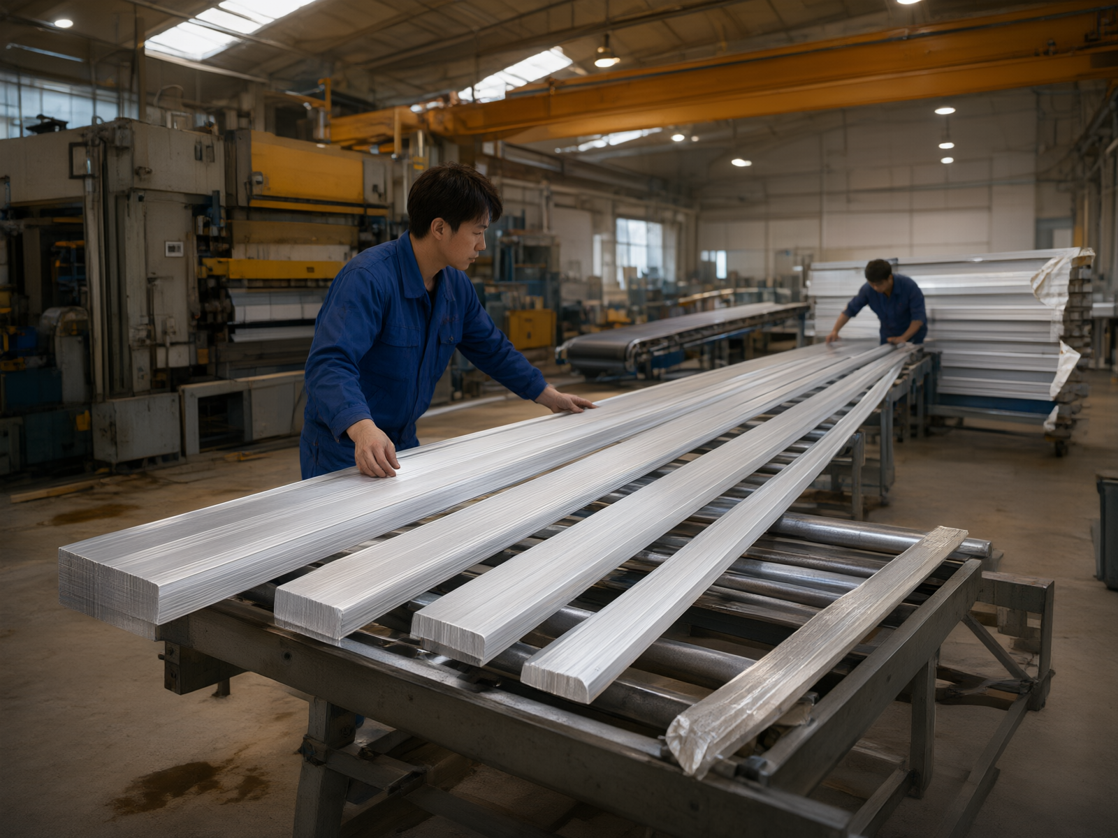 Silver aluminum profiles being conveyed along a roller track in an extrusion workshop