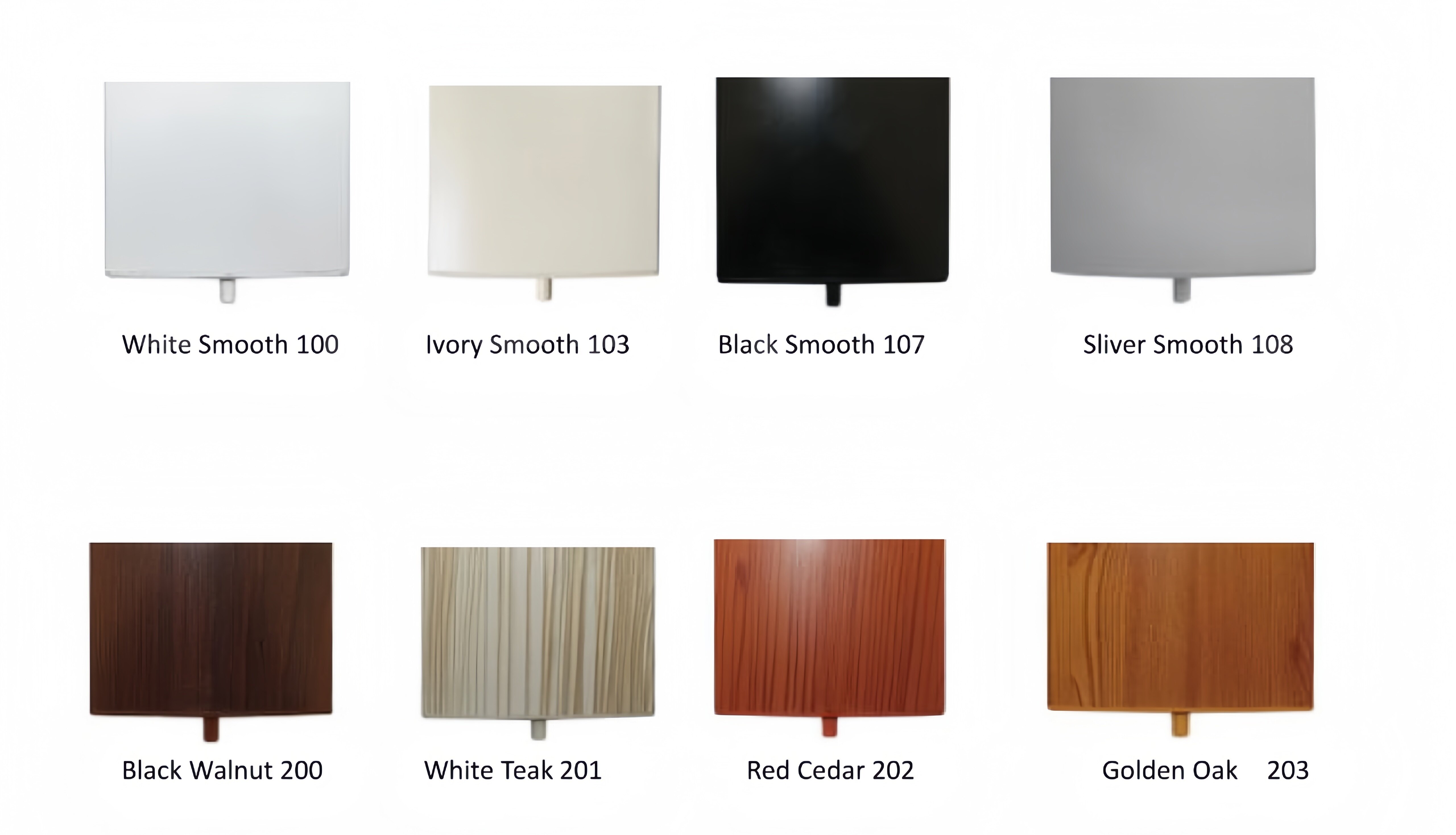 KAKADU Standard Color Chart — White Smooth 100, Ivory Smooth 103, Black Smooth 107, Silver Smooth 108, Black Walnut 200, White Teak 201, Red Cedar 202, Golden Oak 203