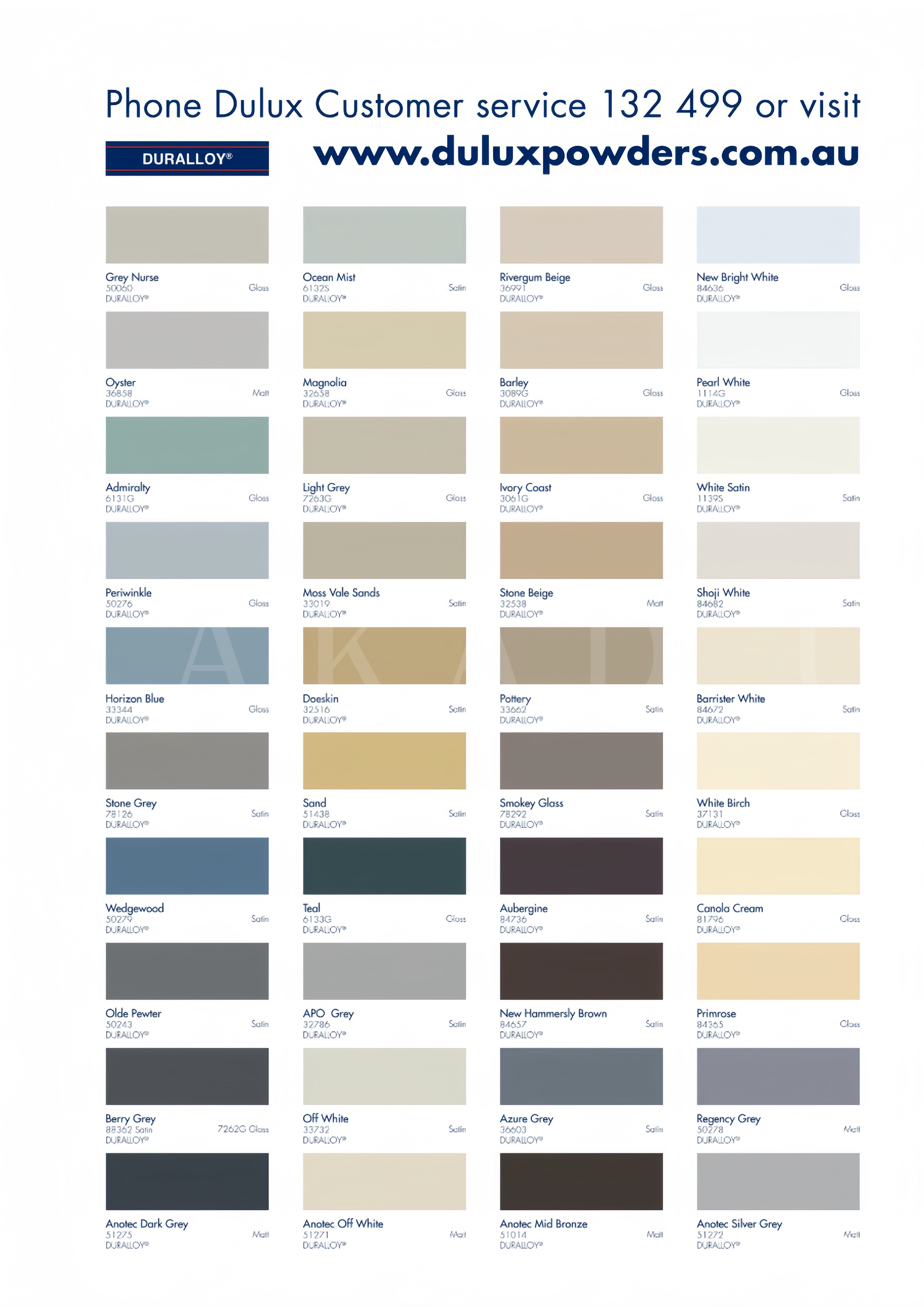 Dulux Duralloy® — Premium Architectural Range Color Chart