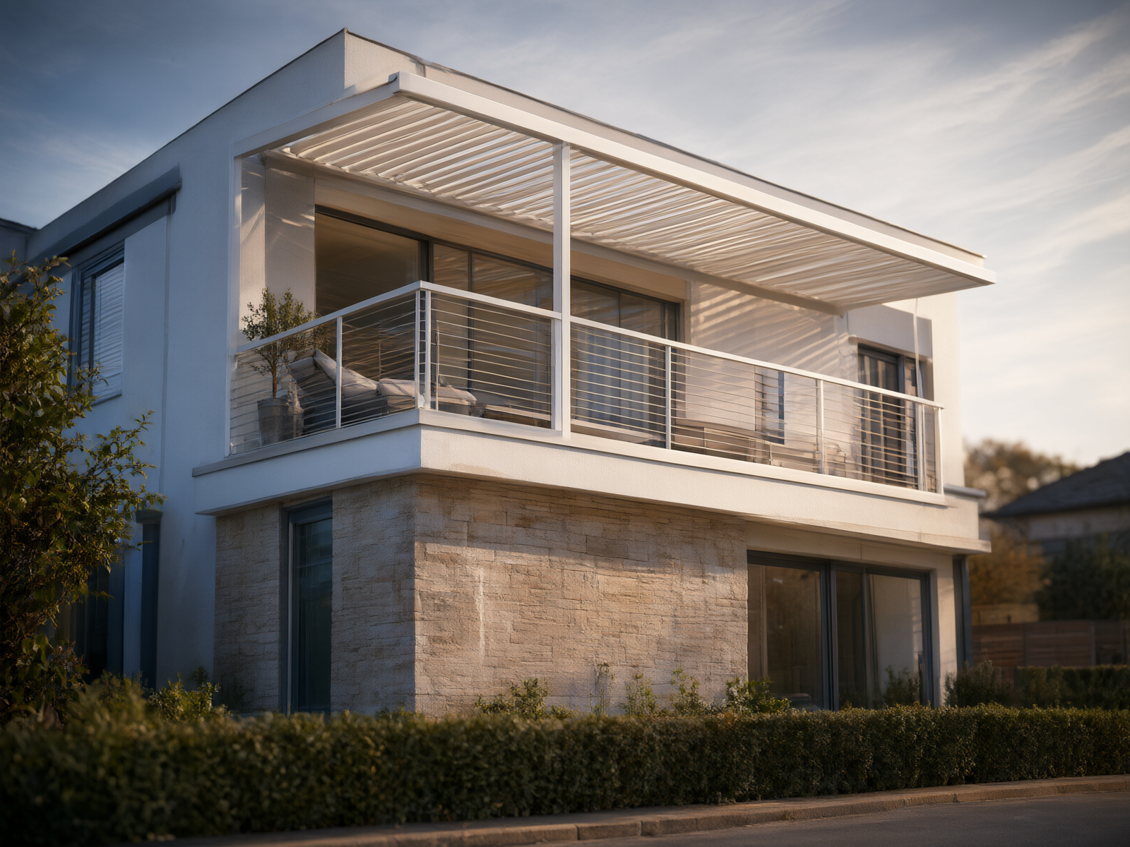 A modern residential facade with an integrated aluminum pergola system on the second-floor balcony